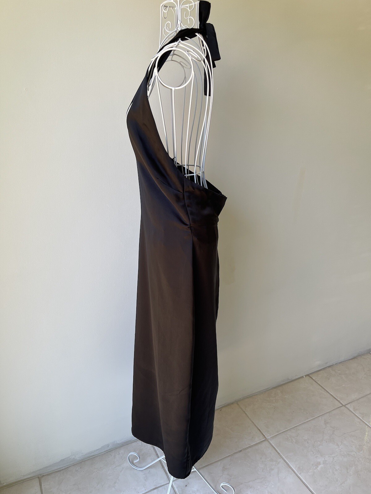 Jason Wu Satin Deep U Neck Halter Midi Dress back slit zip black size M