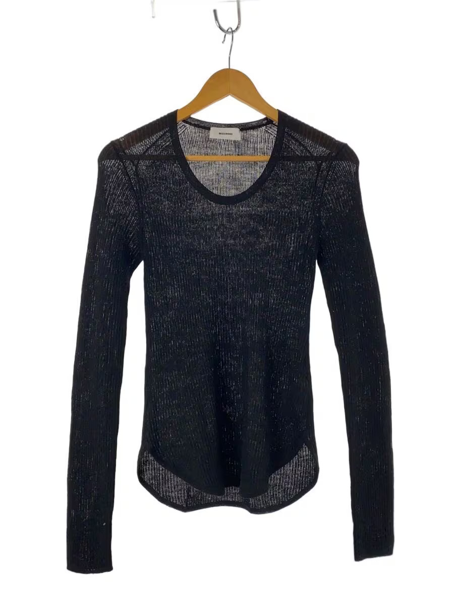 MIESROHE Washable Alpaca U-Neck Sheer Knit Sweater, One Size, Polyester, Black,