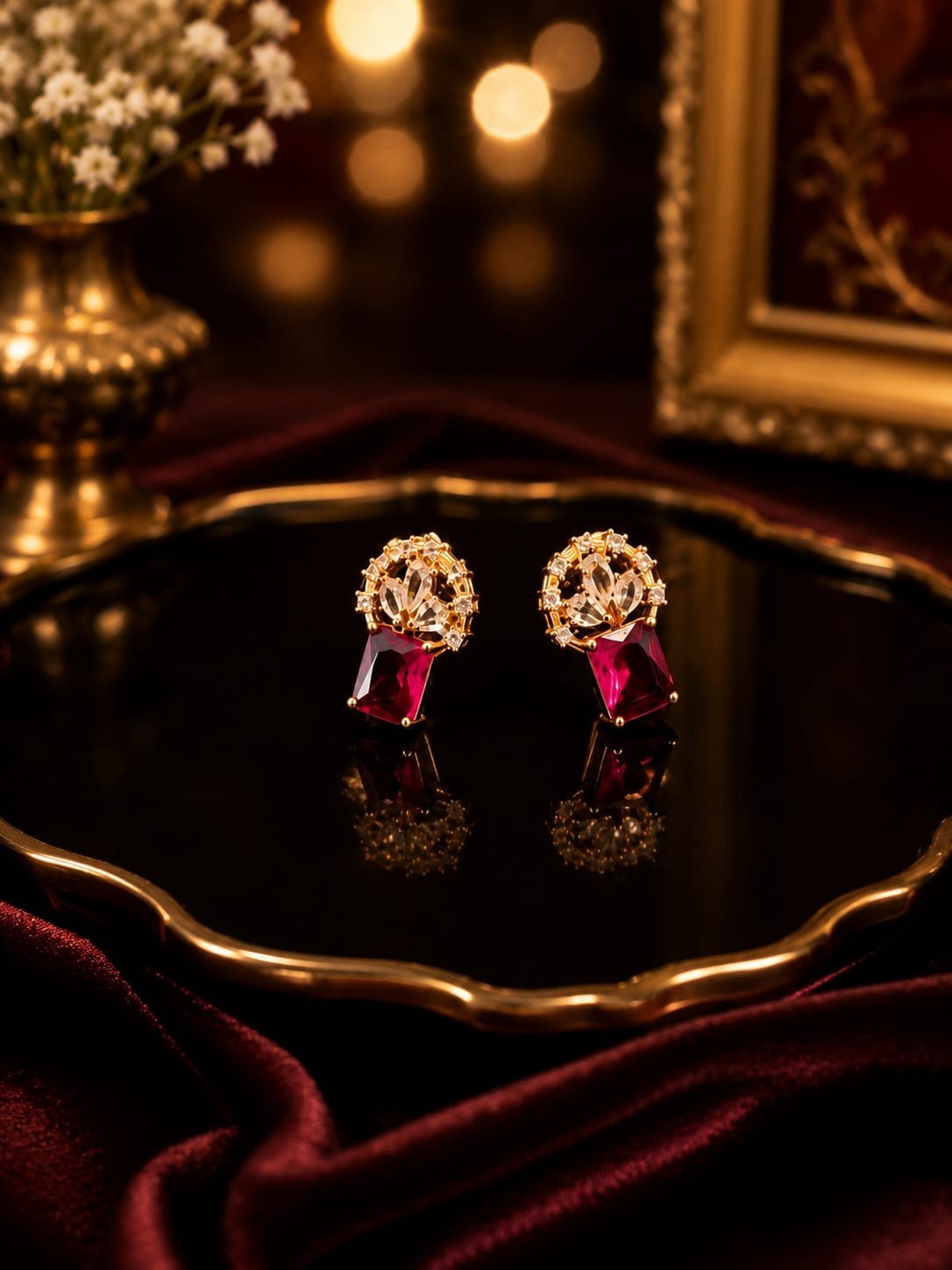 Luxury Ruby Pink Crystal Necklace Set with Earrings Gold Plated Bridal Jewelry