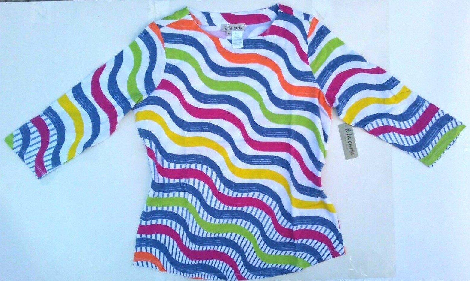 A’ La Carte Spring Summer Fashion Multi-Color Striped Cotton Top Shirt Siz:M NEW