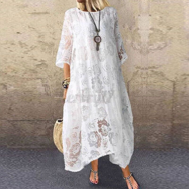 Womens Vintage Dress Casual Loose Fashion Lace O Neck 3/4 Sleeve Long Dress