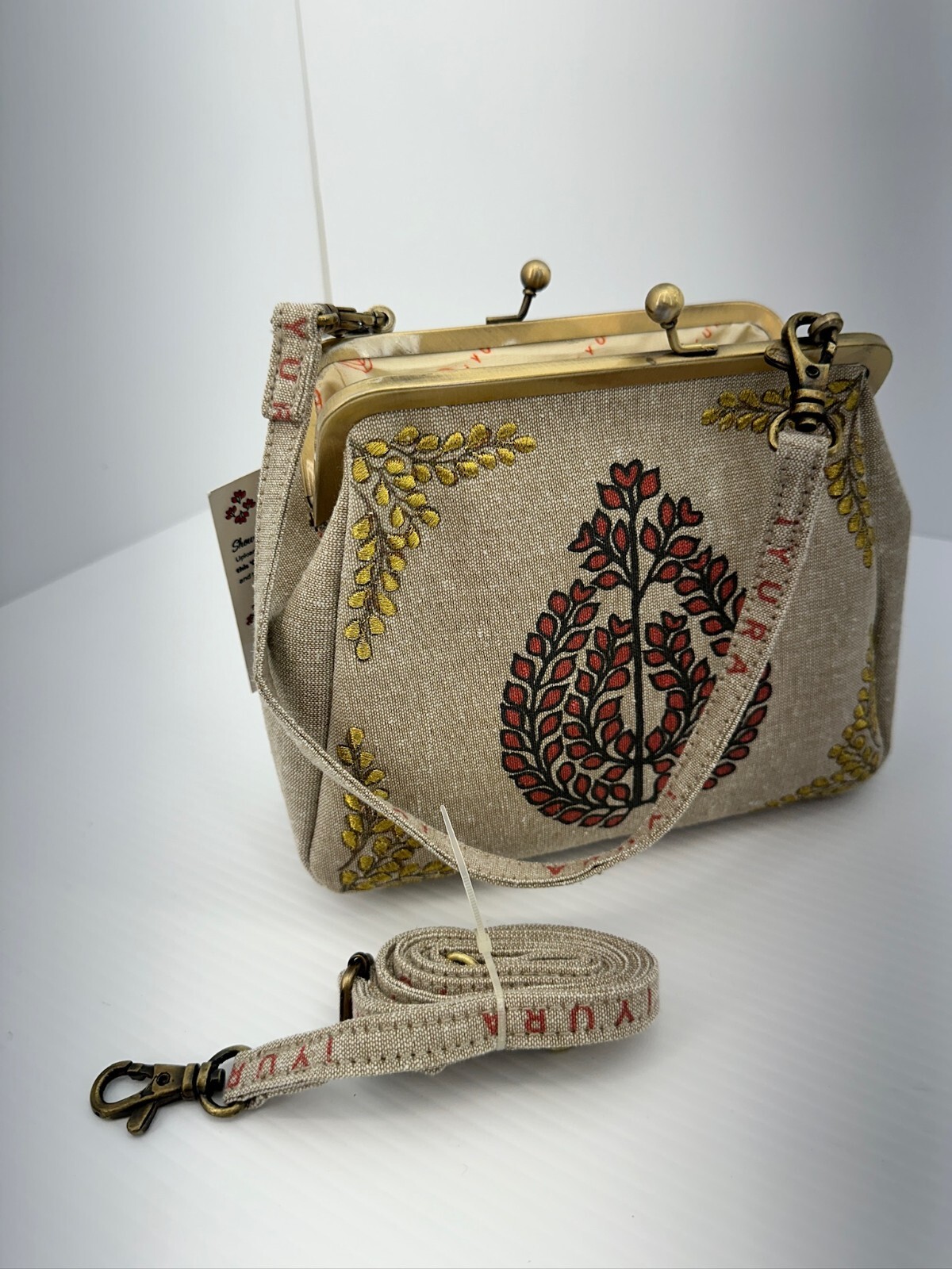 iYURA Eco Friendly Tan Gold Embroidered Baroque Leaf Fabric Frame Bag Box Set