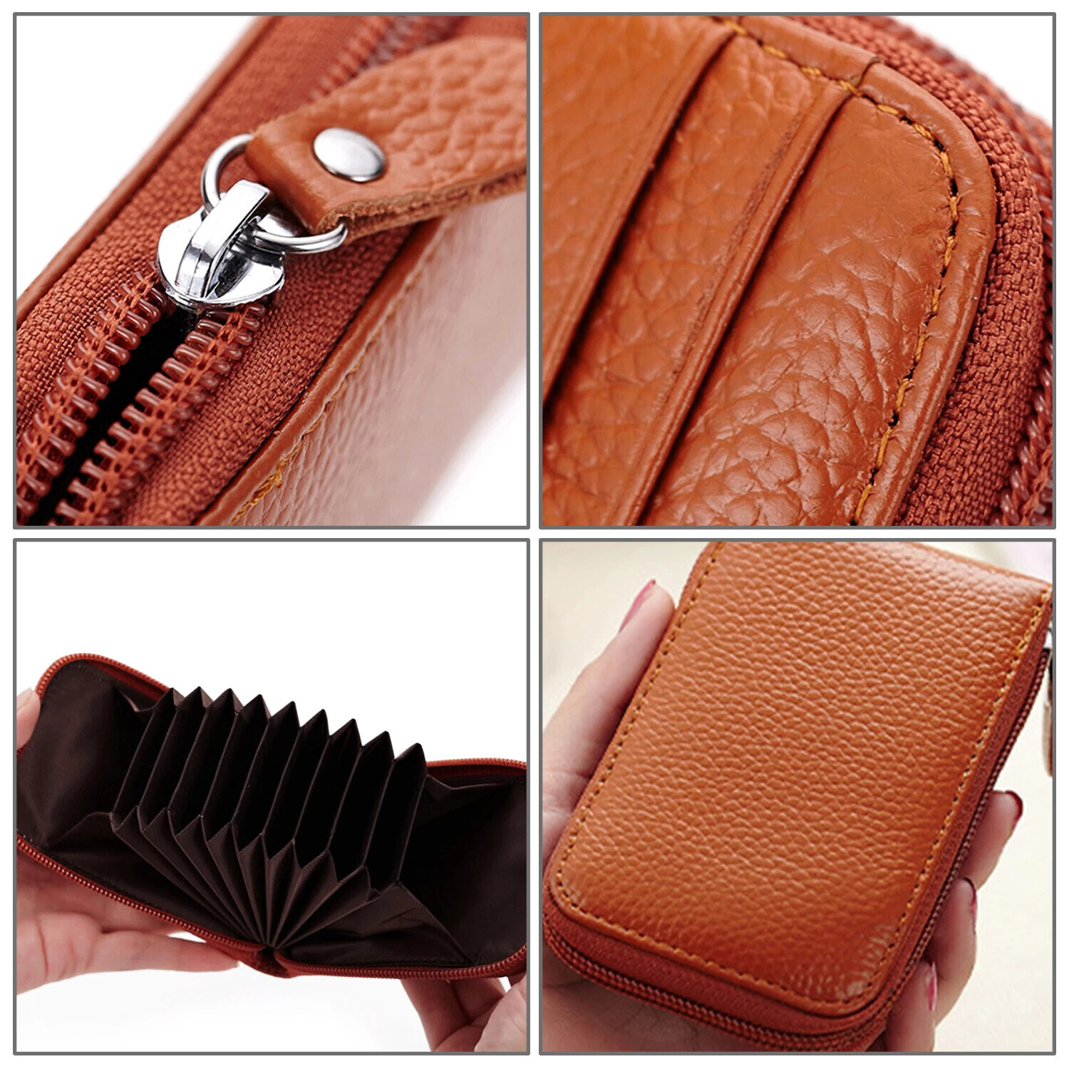 Genuine Leather Men Women Wallet Credit Card Holder RFID Blocking Zipper Pocket