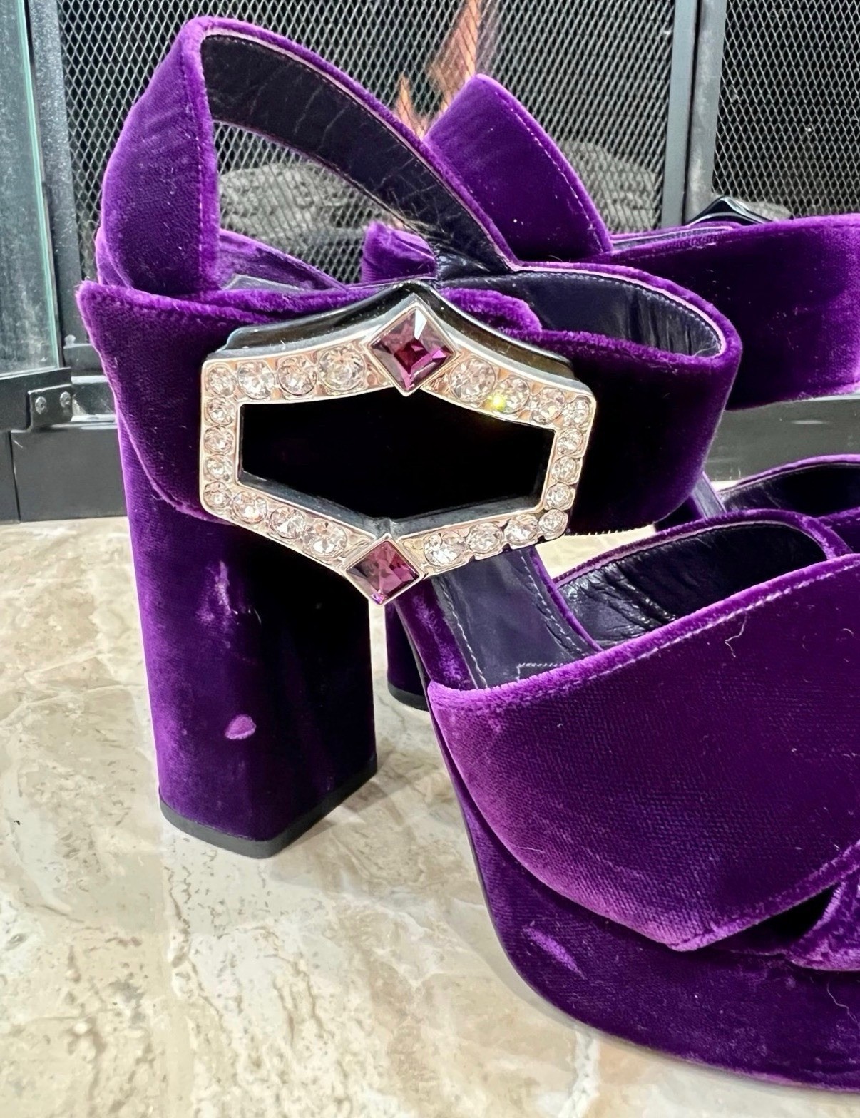 Prada Purple Velvet Rhinestone Buckle Platform Open Toe Ankle Strap, 37.5