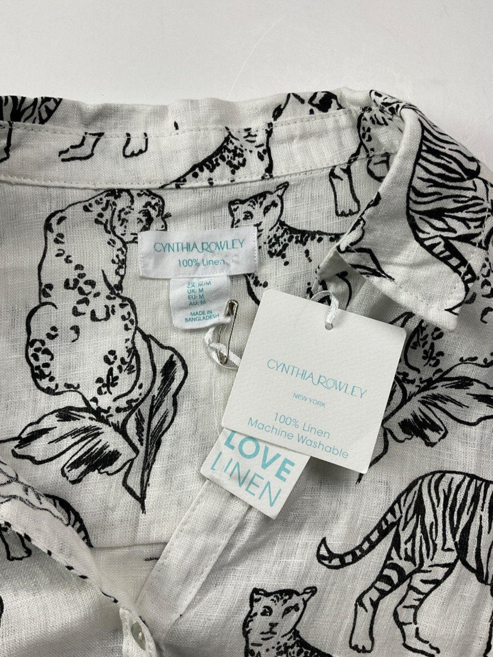 Cynthia Rowley 100% Linen Wild Cat Print Roll Tab Sleeve Top White M NWT