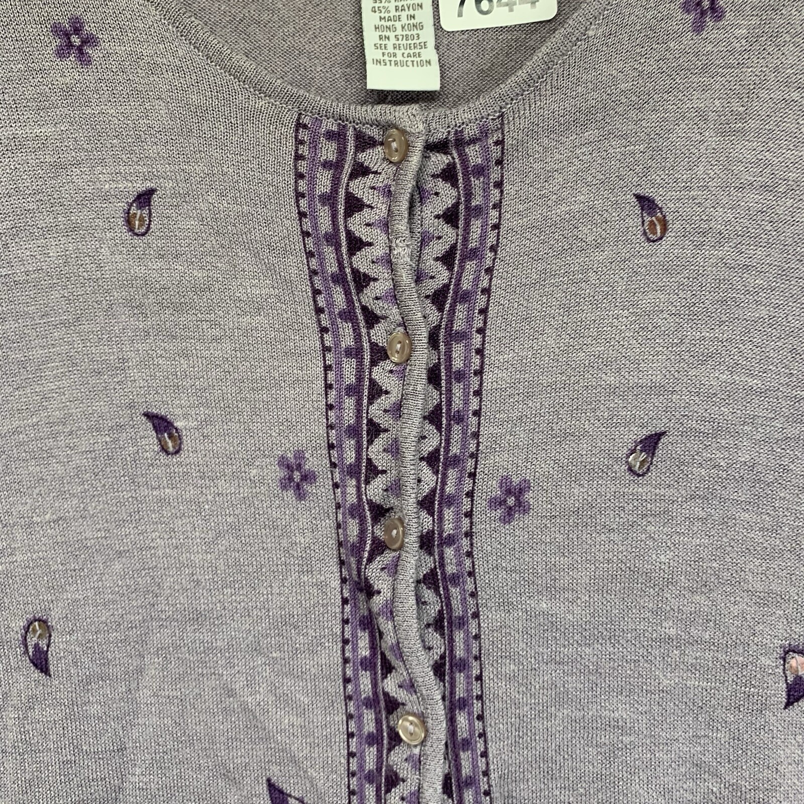 Women’s Knit Top 1X Light Purple Embellished Paisleys Button Up 42×24 Boxy Fit