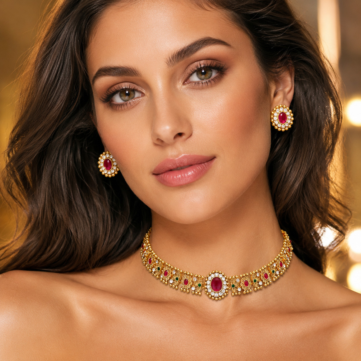 Indian Bollywood Gold Plated Kundan Choker Bridal Necklace Earrings Jewelry Set