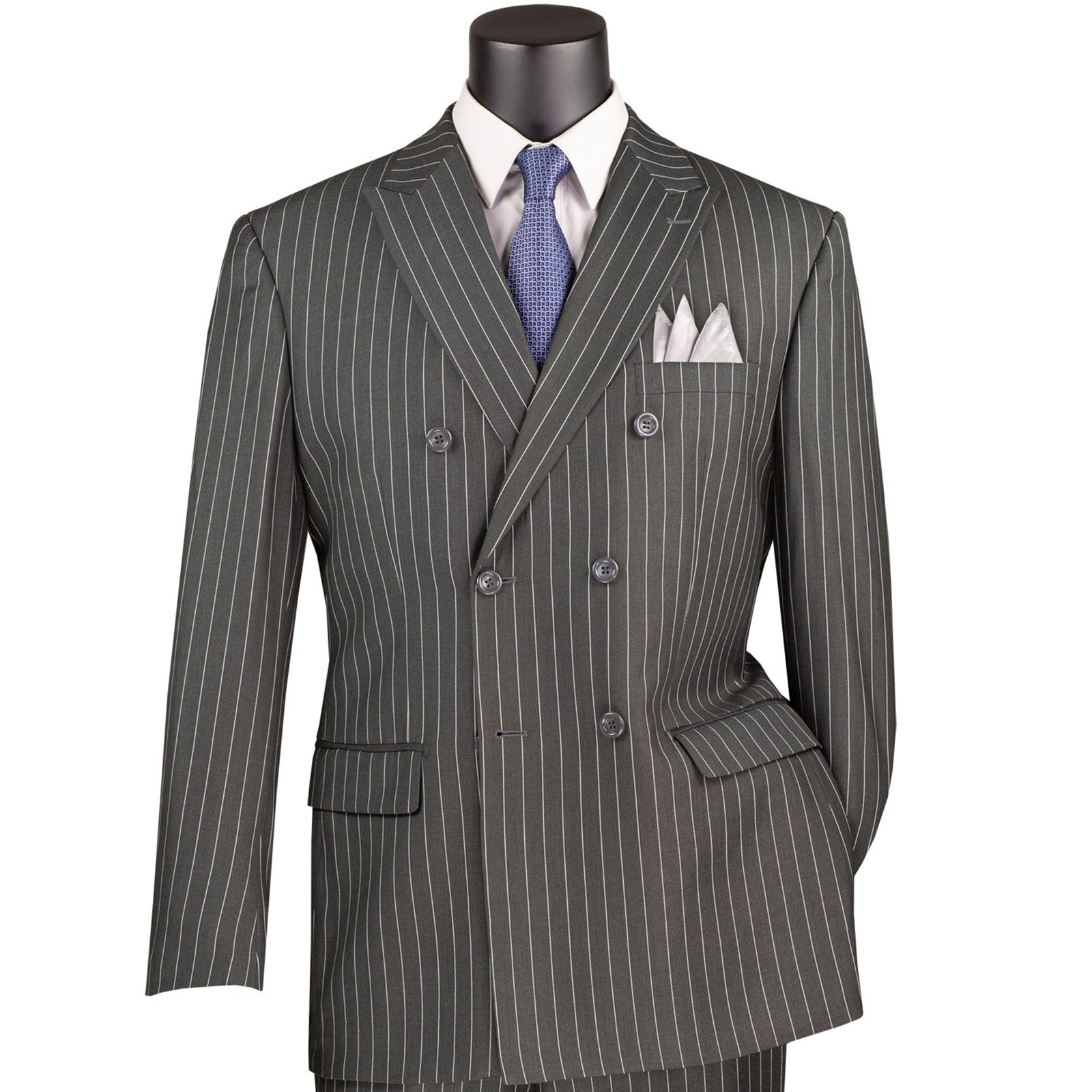 VINCI Men’s Charcoal Pinstripe Double-Breasted Reg-Fit Suit w/ Adj Waist – NEW