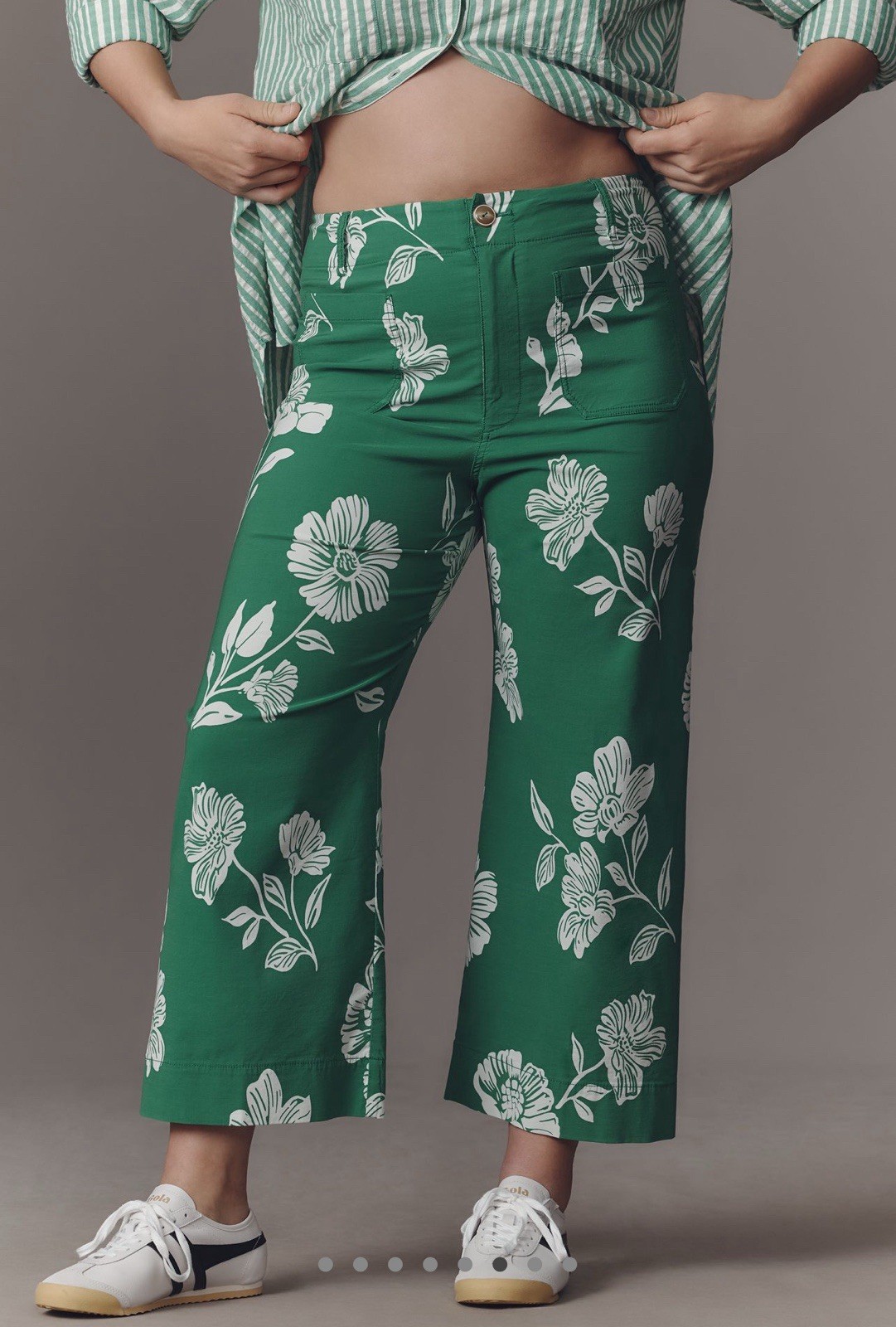 Sz 20W Anthropologie Maeve Colette Crop Wide-Leg Pant Green Floral Magic Fabric