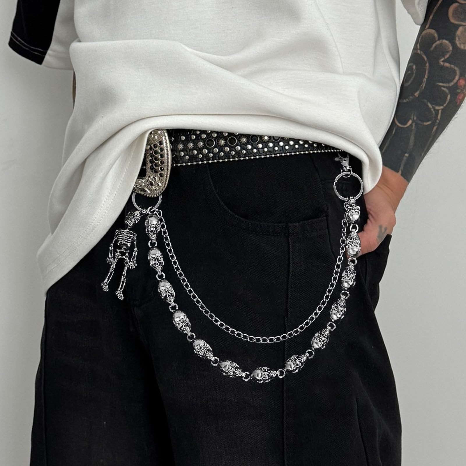 2 PCS Heavy Skull Pants Chain for Unisex Wallet Chains Standard for Biker Silver