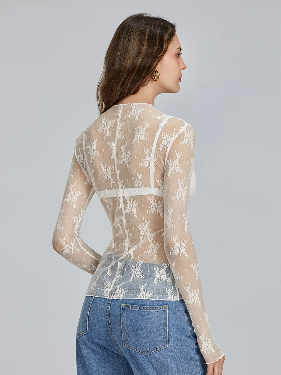 Women’s Floral Lace Sheer Mesh Mock Neck Long Sleeve Top Y2K
