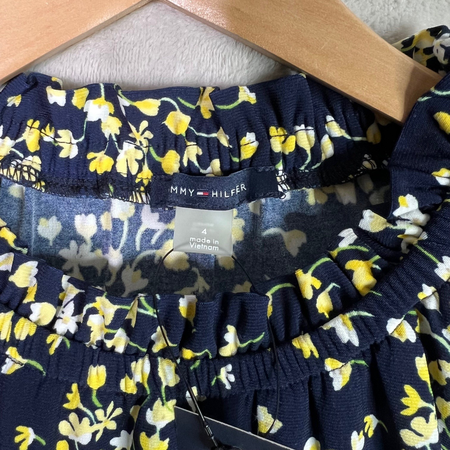 Tommy Hilfiger Shift Dress 4 Blue Yellow Floral Feminine Ruffle Neck Sundress