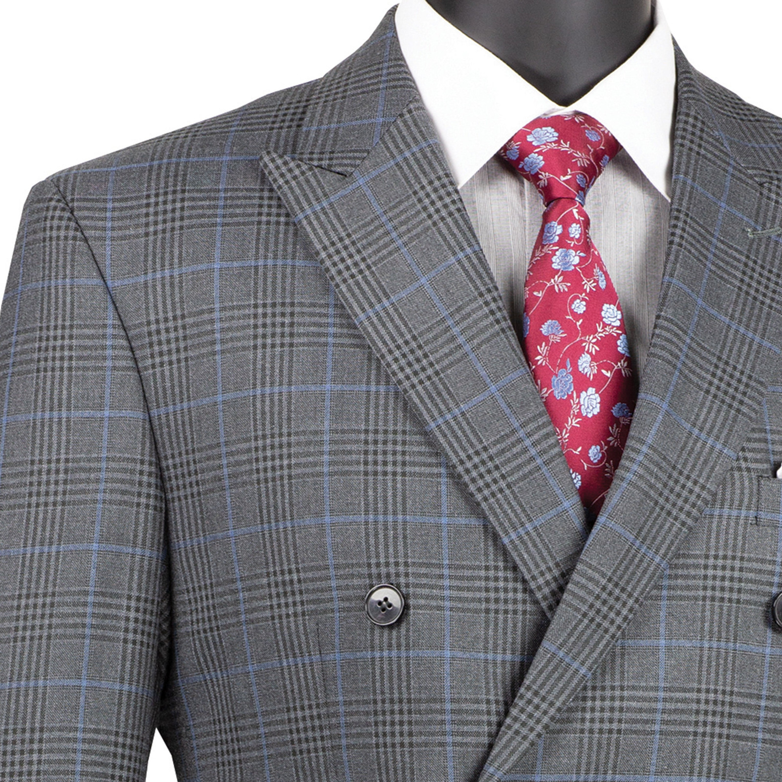 VINCI Men’s Dark Gray Glen Plaid Double Breasted 6 Button Classic Fit Suit New