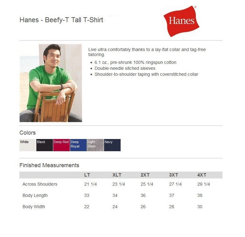 Hanes Beefy-T TALL T-Shirt 100% Cotton 518T Mens LT XLT 2XLT 3XLT 4XLT 5180