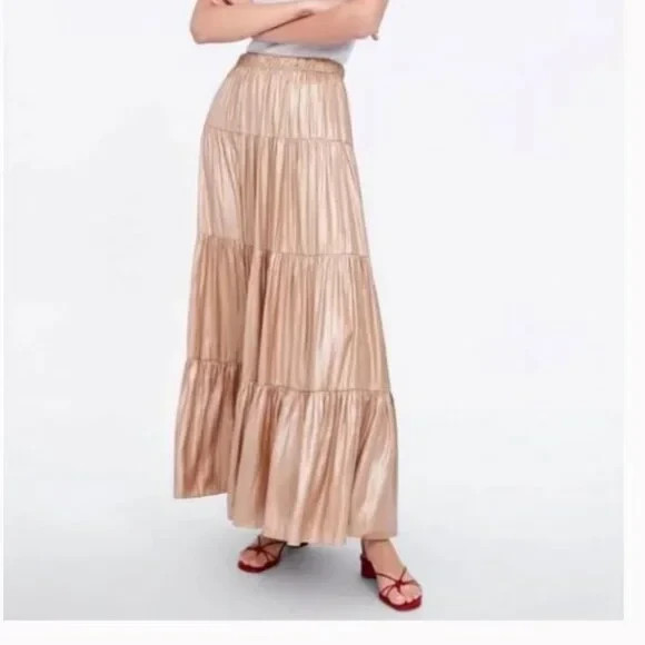 Zara Ruffled/Tiered Maxi Skirt Satin Gold Mink 2935/787 M Boho Flowy Frilly