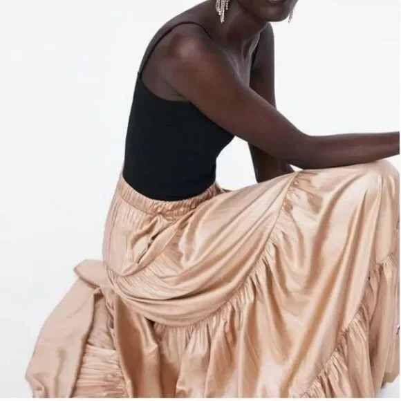 Zara Ruffled/Tiered Maxi Skirt Satin Gold Mink 2935/787 M Boho Flowy Frilly