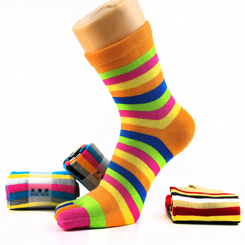 5 Pairs Women Five Finger Toe Socks Sport Casual Rainbow Striped Solid Color 5-9