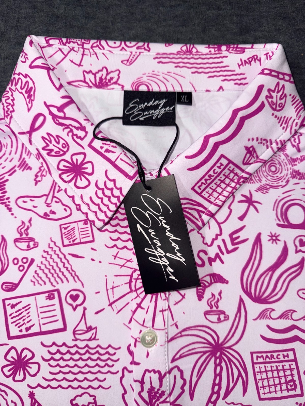 Sunday Swagger Mens Golf Polo Happy Thoughts Breast Cancer Awareness Pink