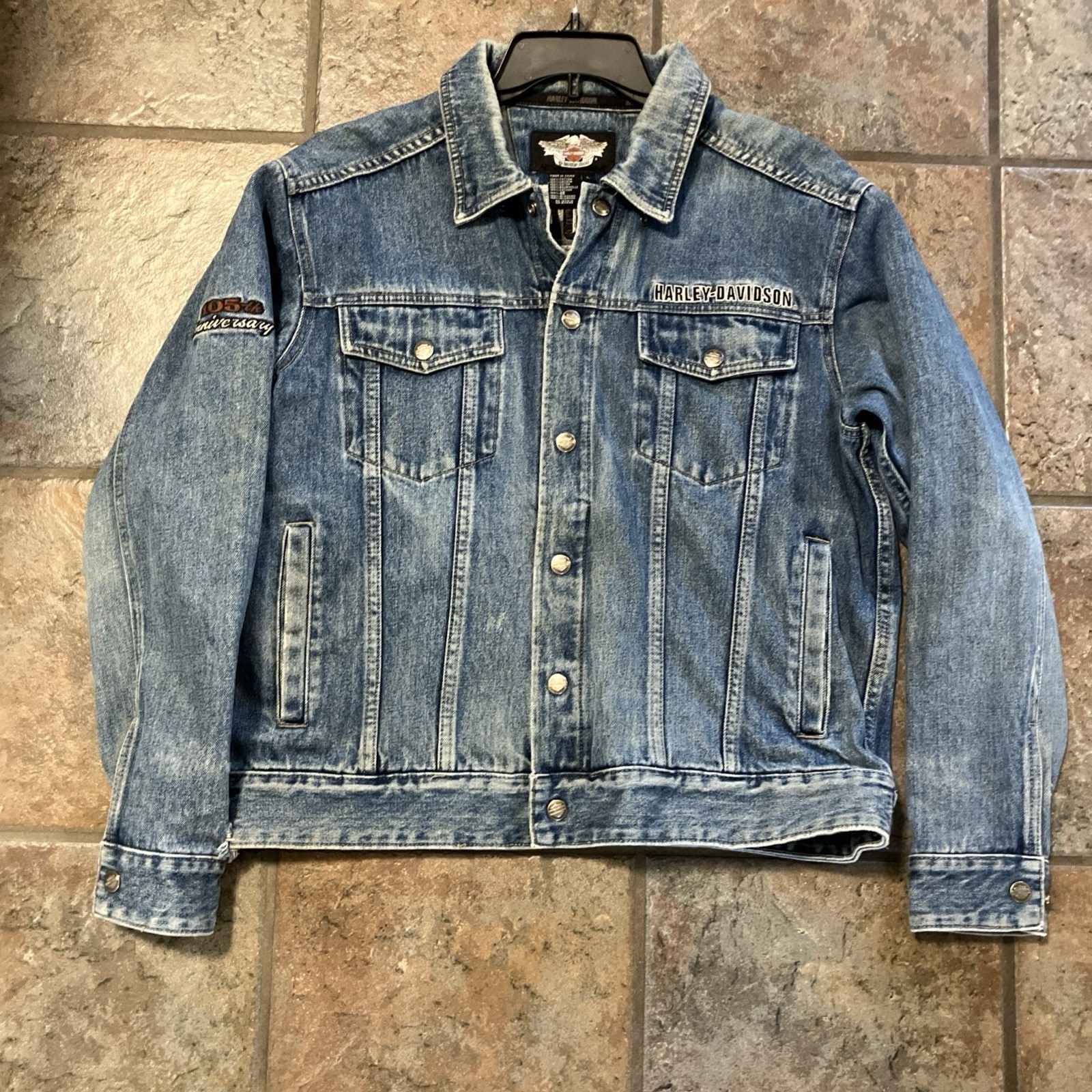 Vintage Harley Davidson Jacket Mens Large Denim 1903-2008 105th Anniversary Coat