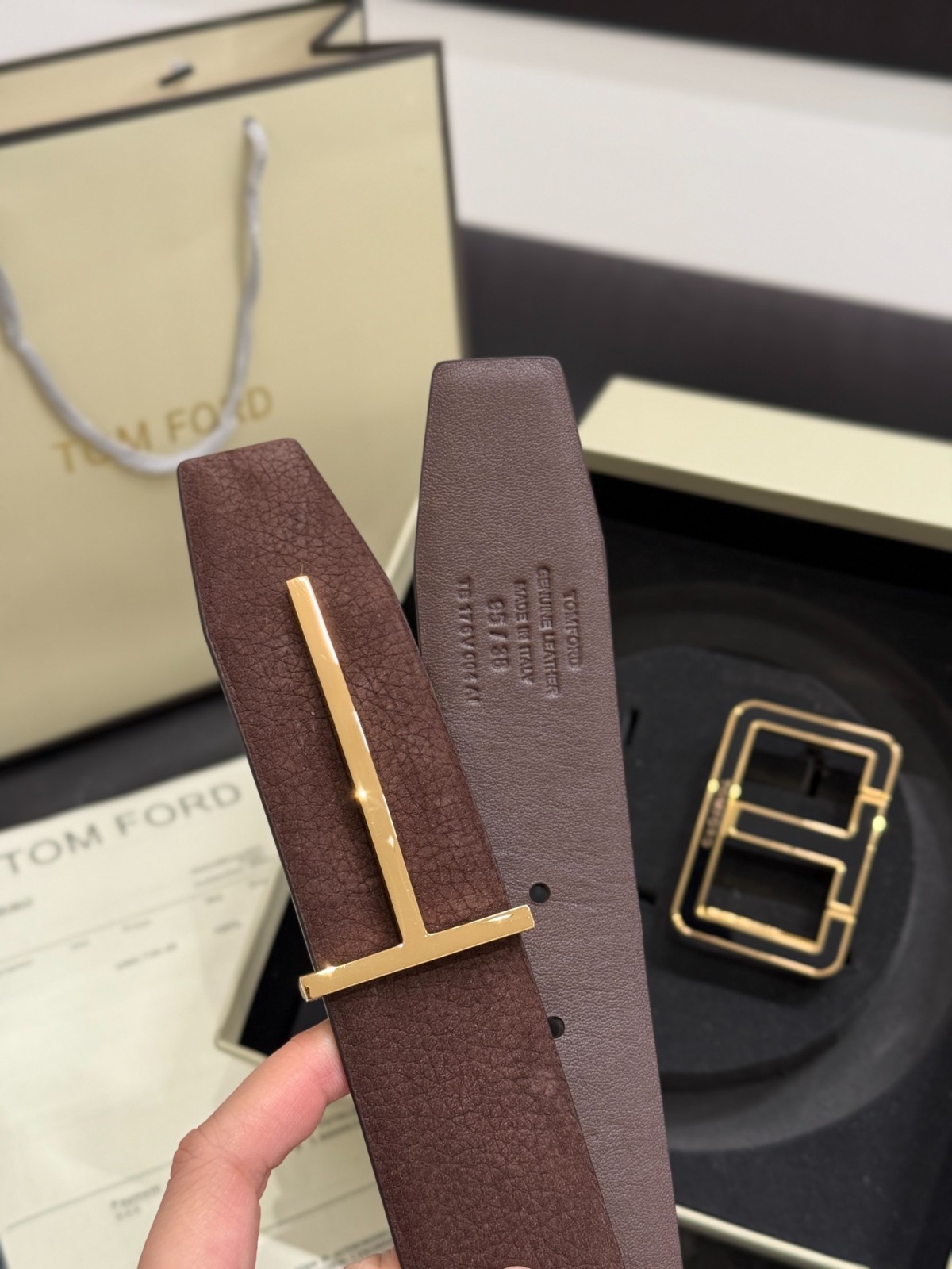 Tom Ford Mens T Logo Brown Leather Dress Belt S.S. Buckle
