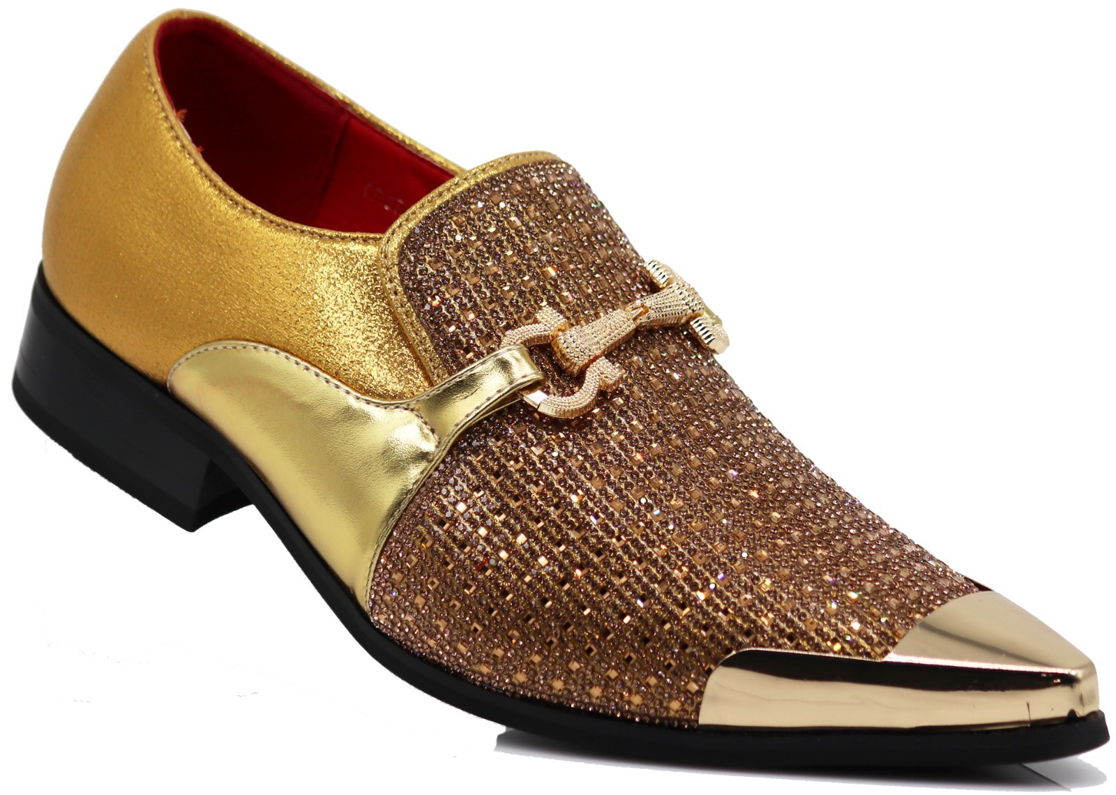 Men’s Gold Rhinestone Dress Shoes Sparkly Glitter Loafers Prom Wedding Party Tux