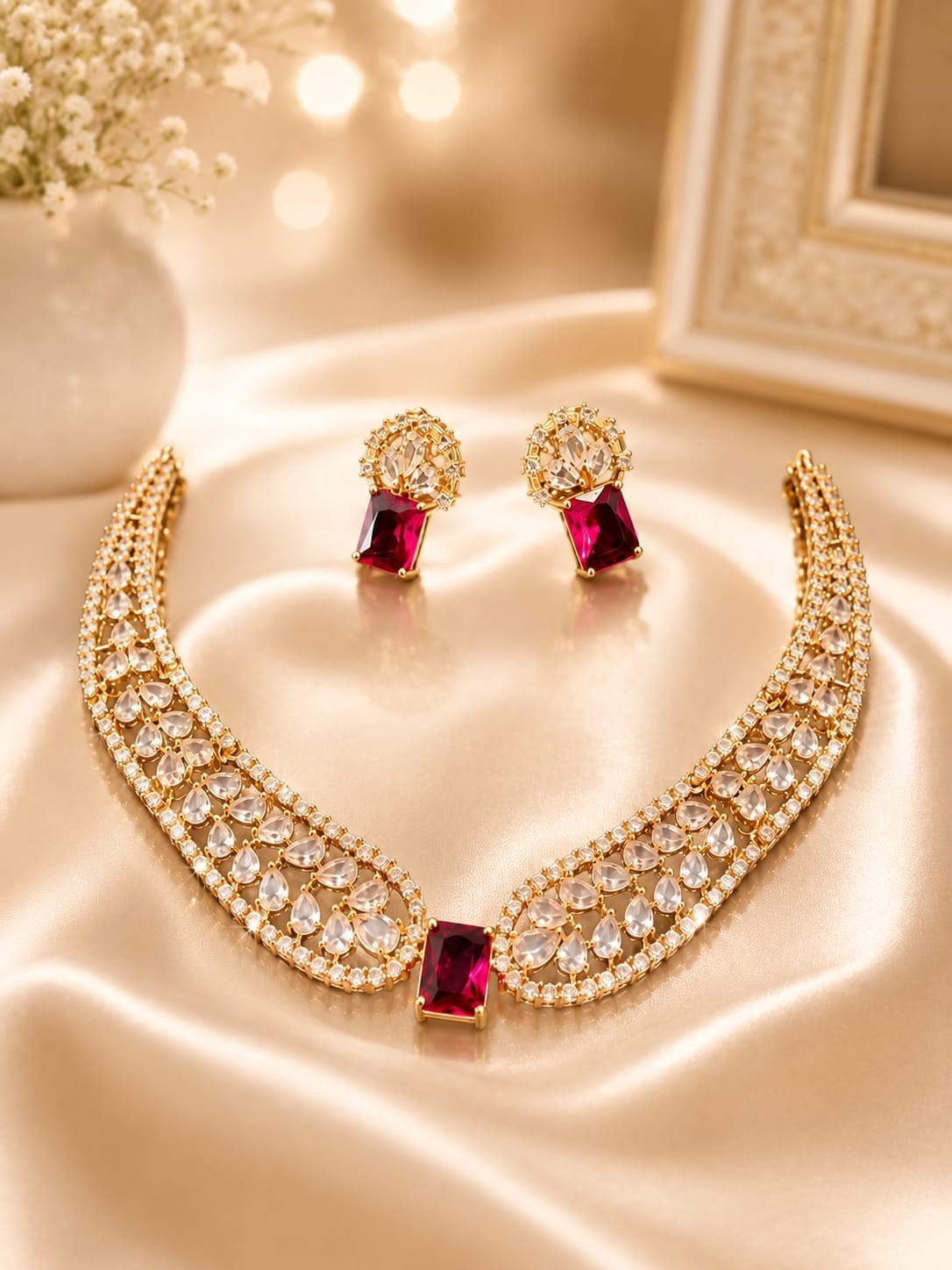 Luxury Ruby Pink Crystal Necklace Set with Earrings Gold Plated Bridal Jewelry