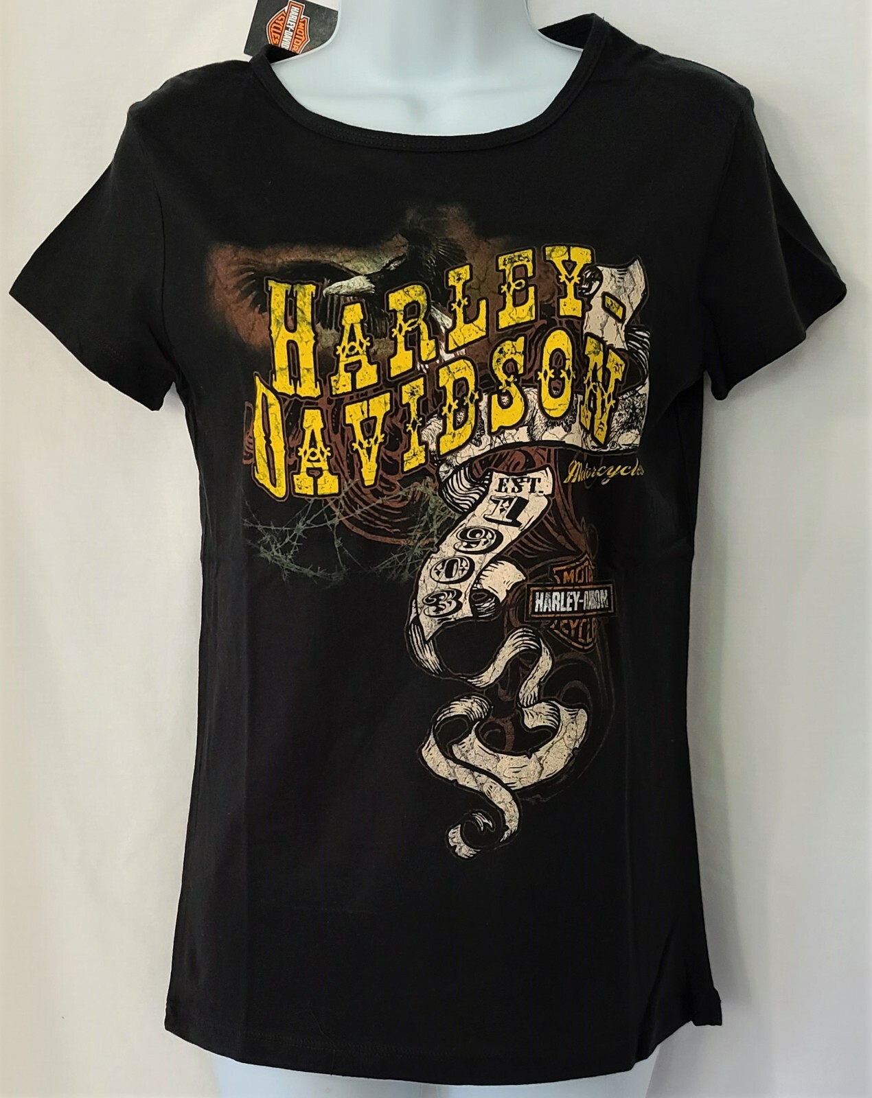 Harley Davidson SS Shirt Black Western Eagle Buffalo Est 1903 Chest35in Womens M