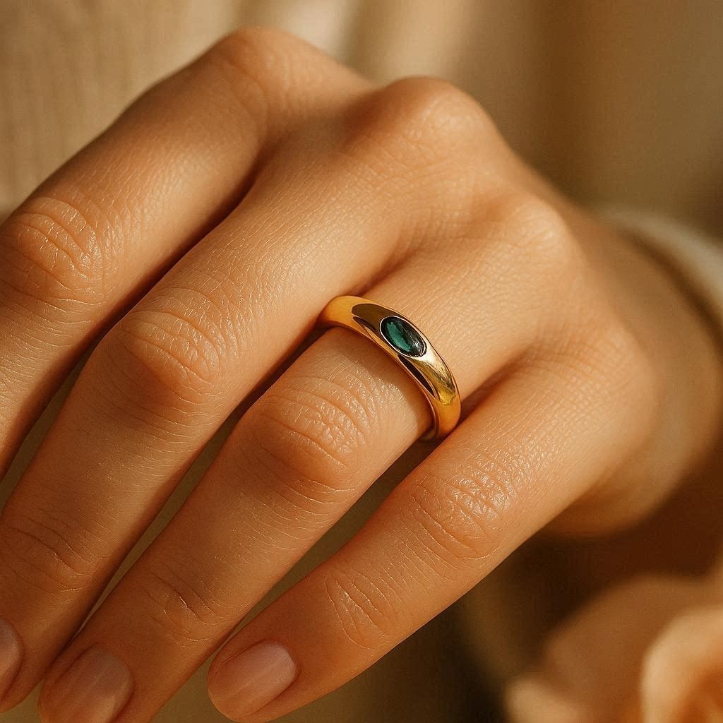 Lab Created Emerald Ring 925 Sterling Silver Gold Plated Oval Band Ring