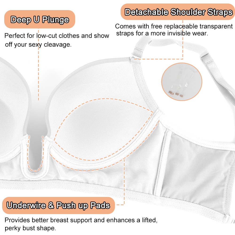 Deep U Plunge Push Up Bra Backless Women Invisible Under Low Cut Dress Underwire
