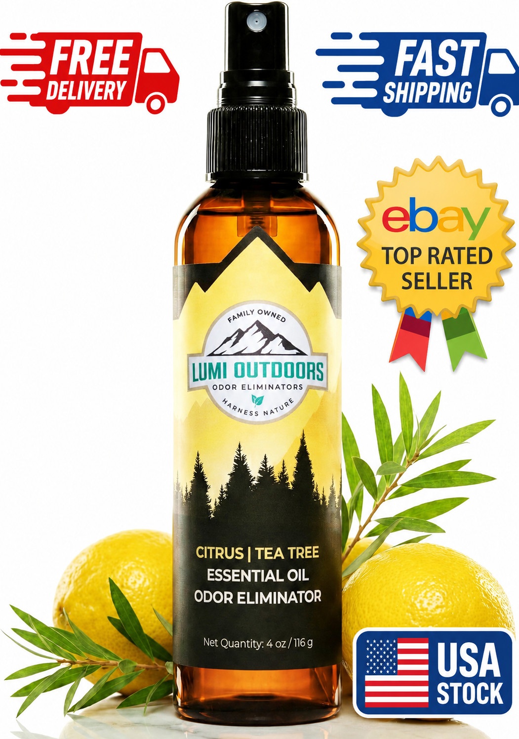 Lumi Outdoors Shoe Deodorizer Spray Citrus Tea Tree Odor Eliminator Freshener