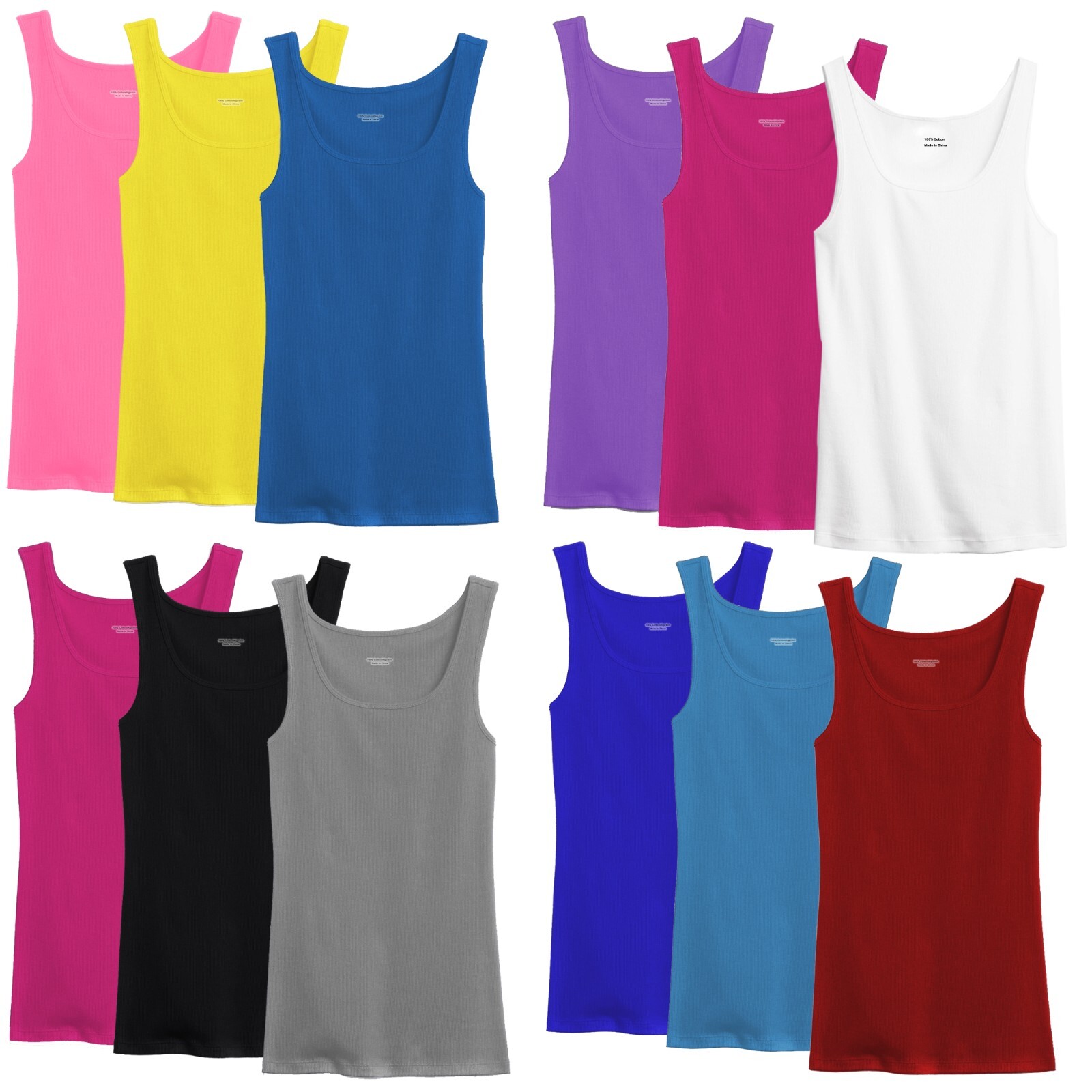 3-12Pcs Women Basic Round Neck Ribbed Tank Top 100% Cotton Sleeveless Shirts