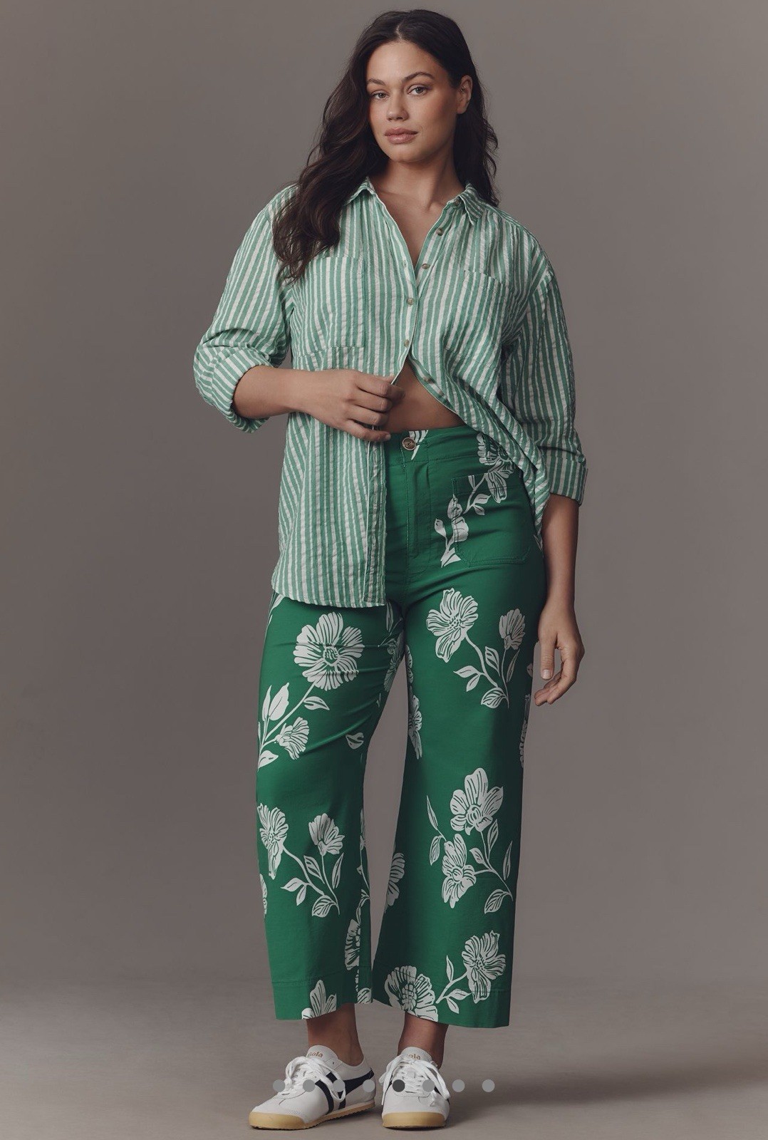 Sz 20W Anthropologie Maeve Colette Crop Wide-Leg Pant Green Floral Magic Fabric