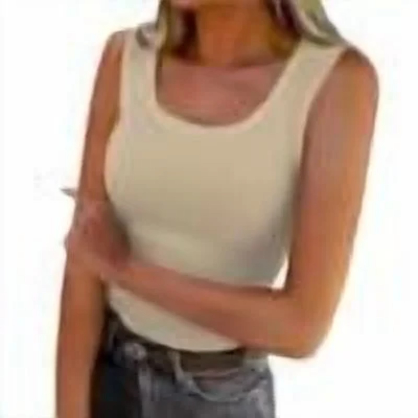 Women Tank Top Summer Round Neck Wide Straps Fitted Ribbed Knit Basic Cami Top
