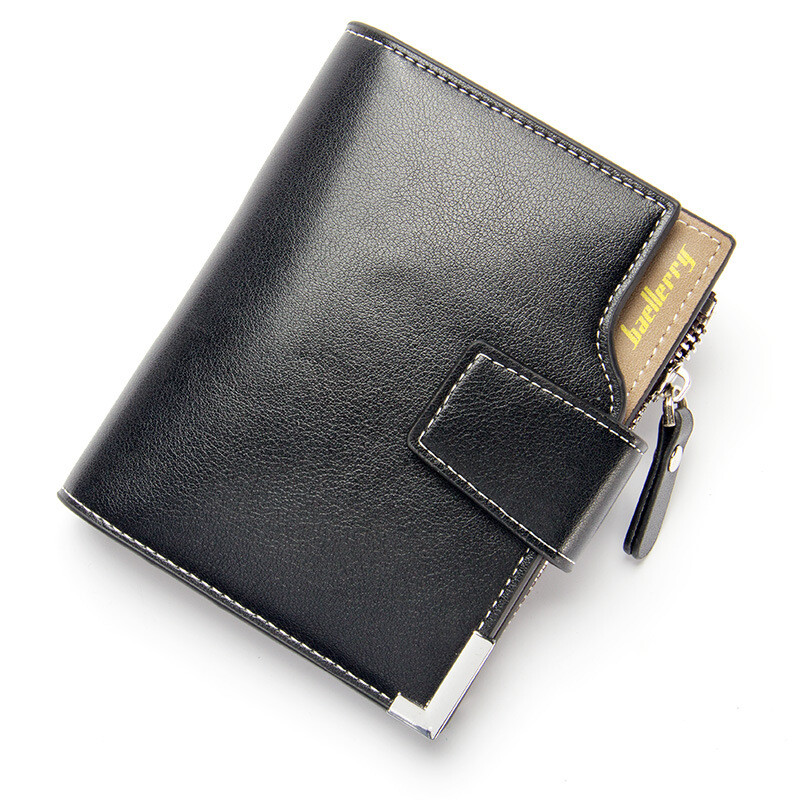 Mens Leather Trifold Wallet Short Purse with Hasp Zipper Pocket Muli-card Holder
