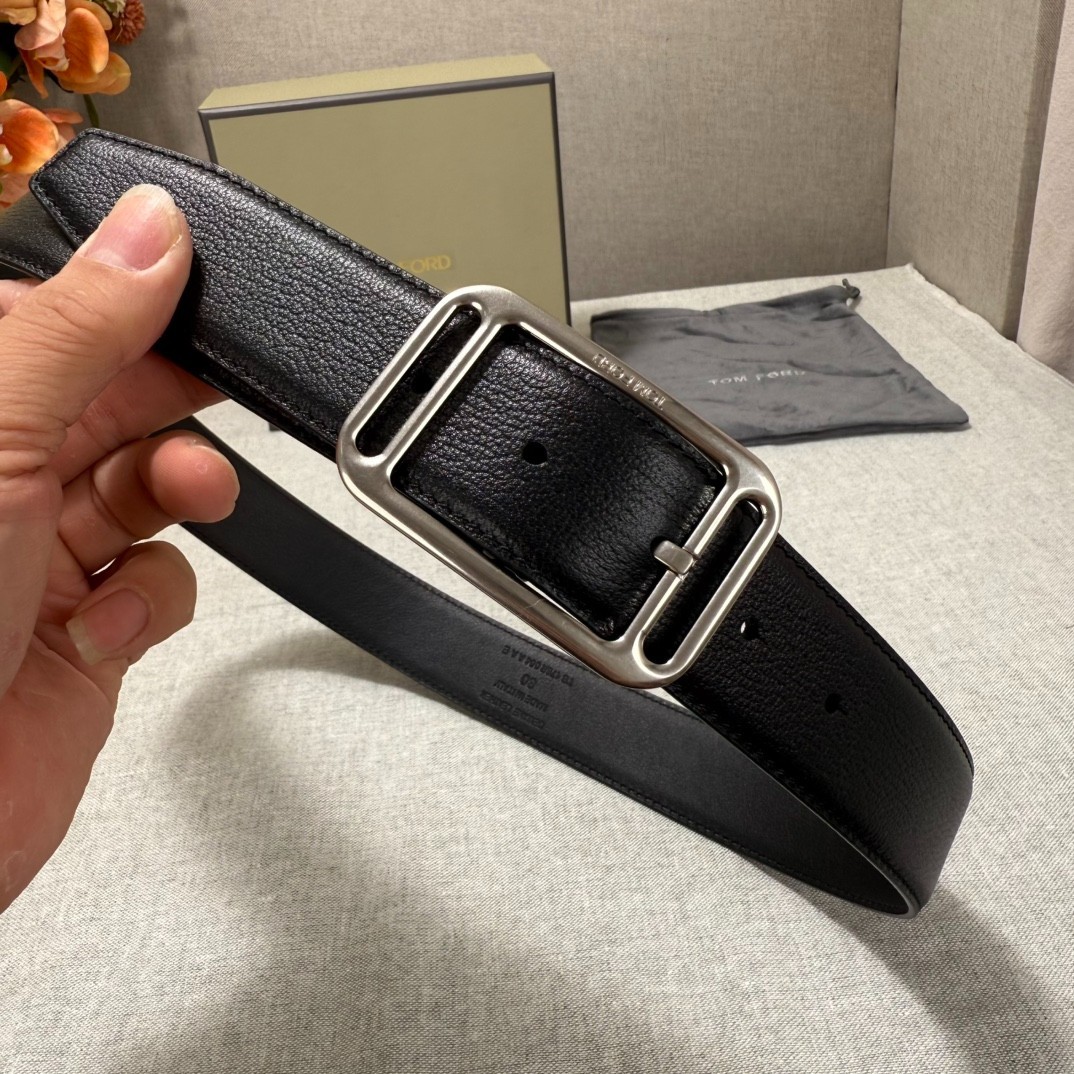 Tom Ford Mens Black Leather Silvery Metal Buckle Belt 3.5cm