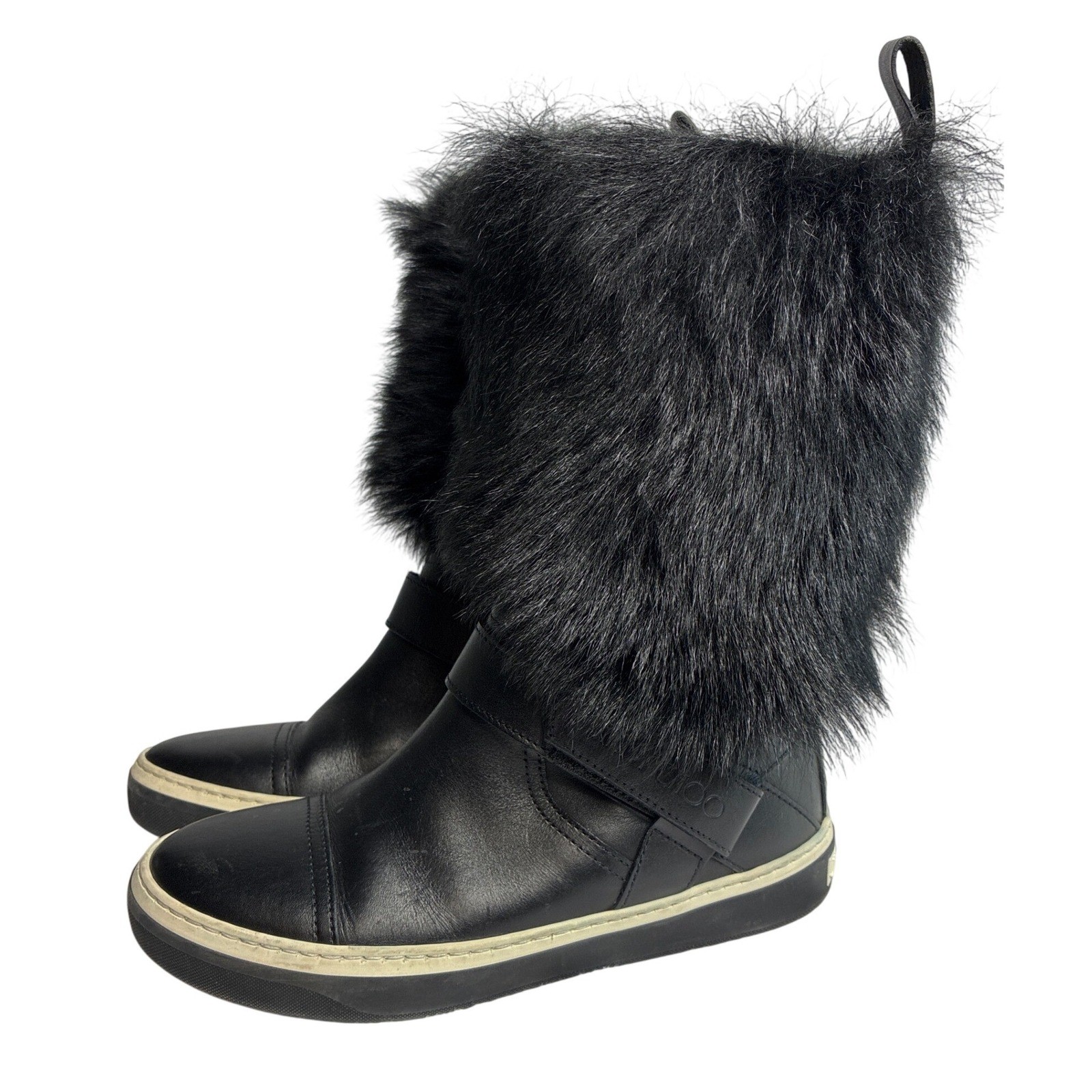 Jimmy Choo Black Leather Faux Fur Trim Mid Calf Boots Size 35 Made in Italy