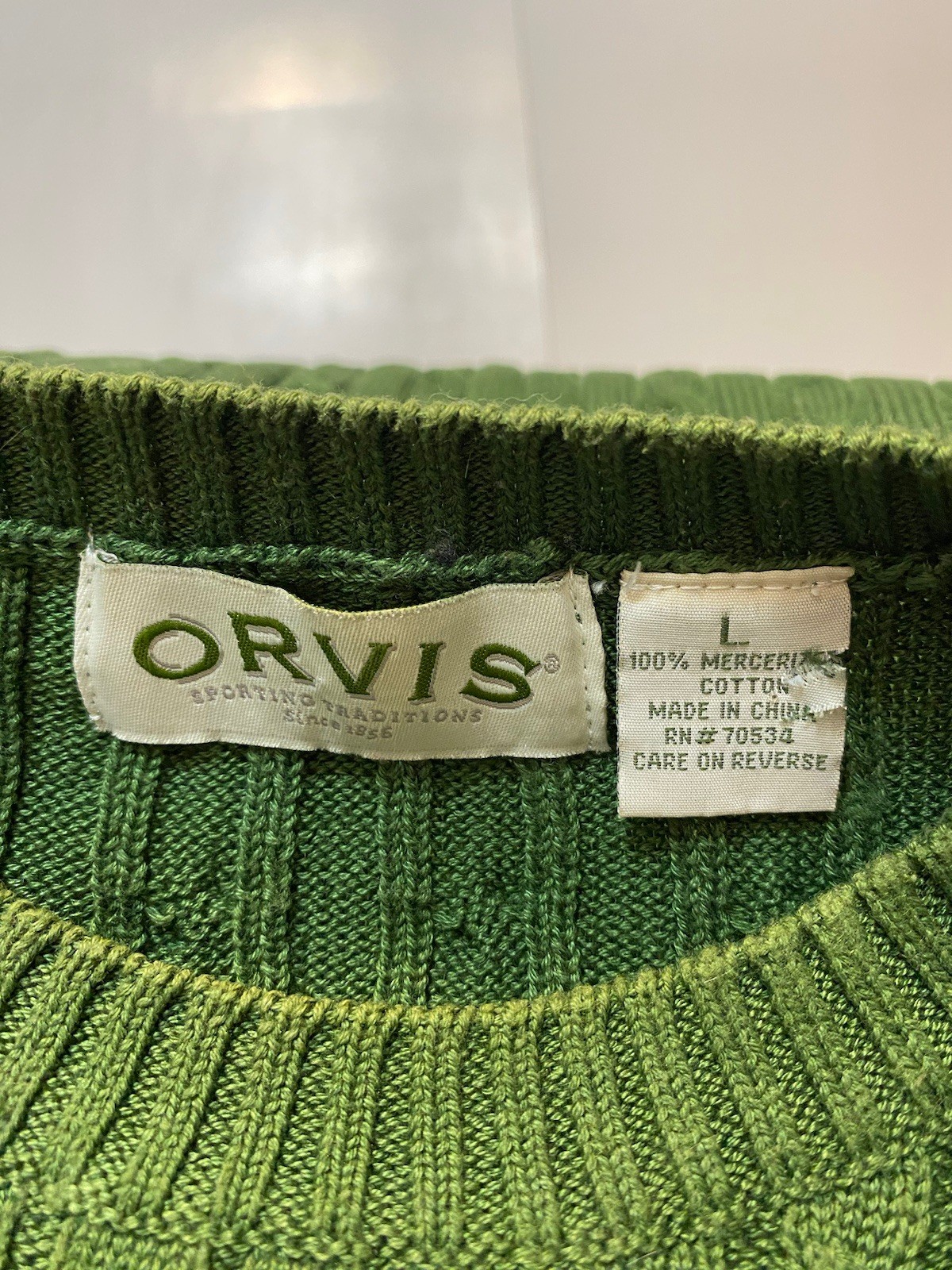 Orvis Fisherman Sweater Mens Large Green Mercerized Cable Knit Cotton