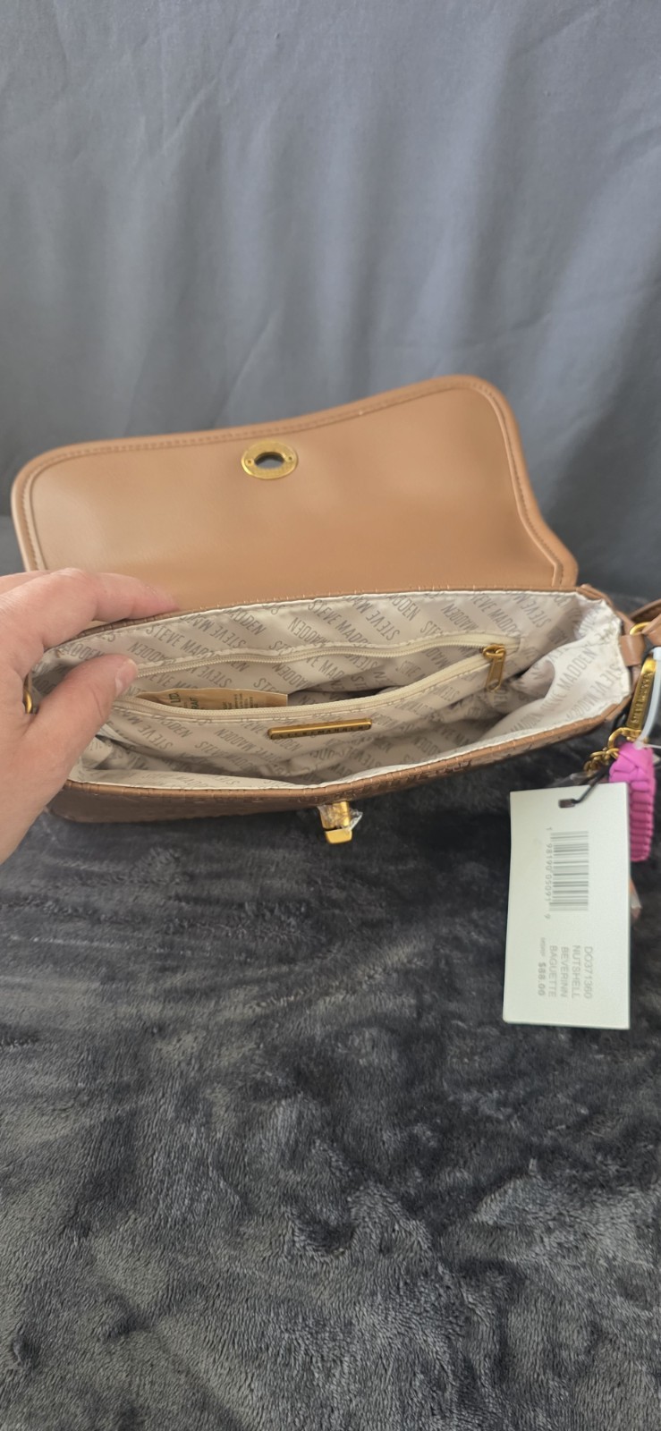 Steve Madden Tan Embossed Logo Small Crossbody Turn Lock Charm Gold Hardware
