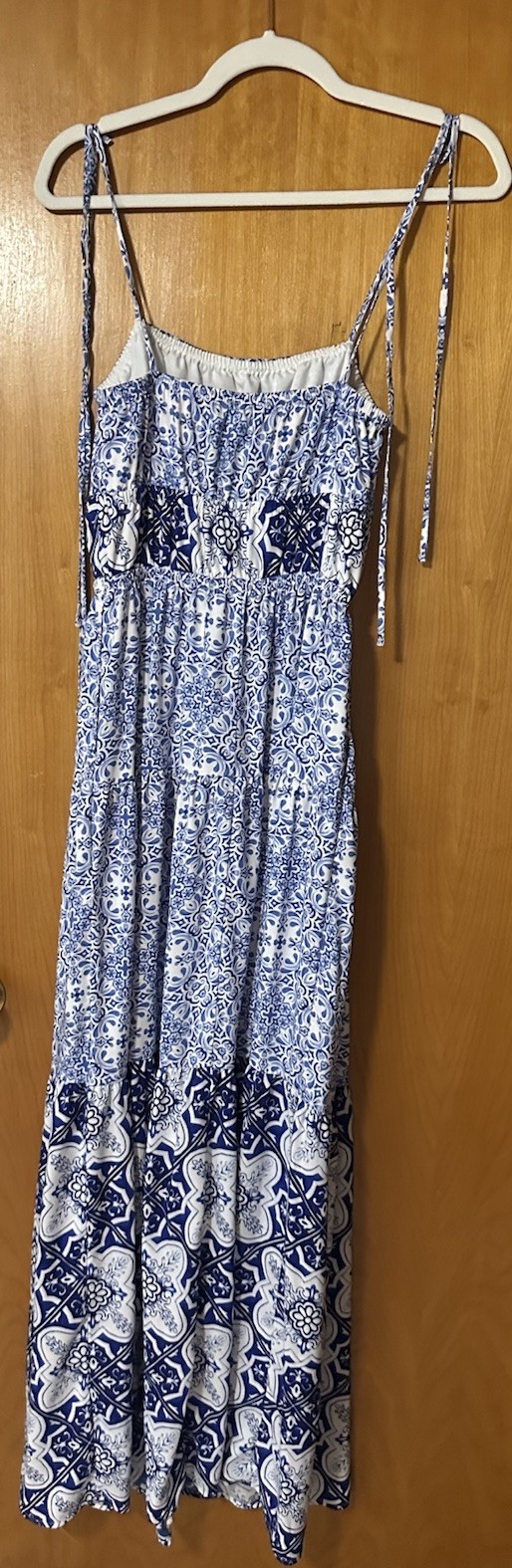 Express Women’s Blue White Mediterranean Spaghetti Strap Tie Maxi Pockets S