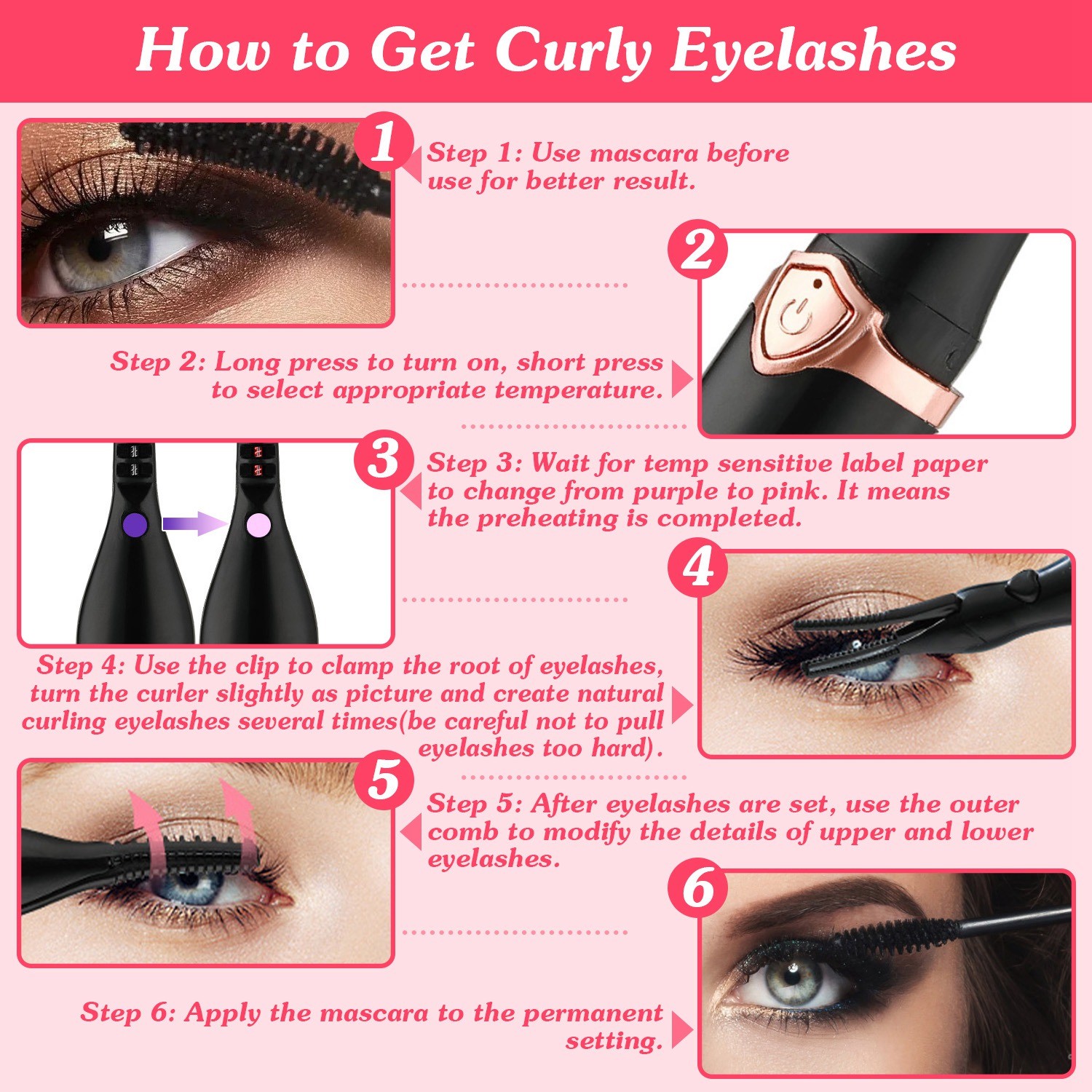 1Pc 2 In 1 Clip Comb Heated Eyelash Curler Electric Mini Lash Curler Natural Eye