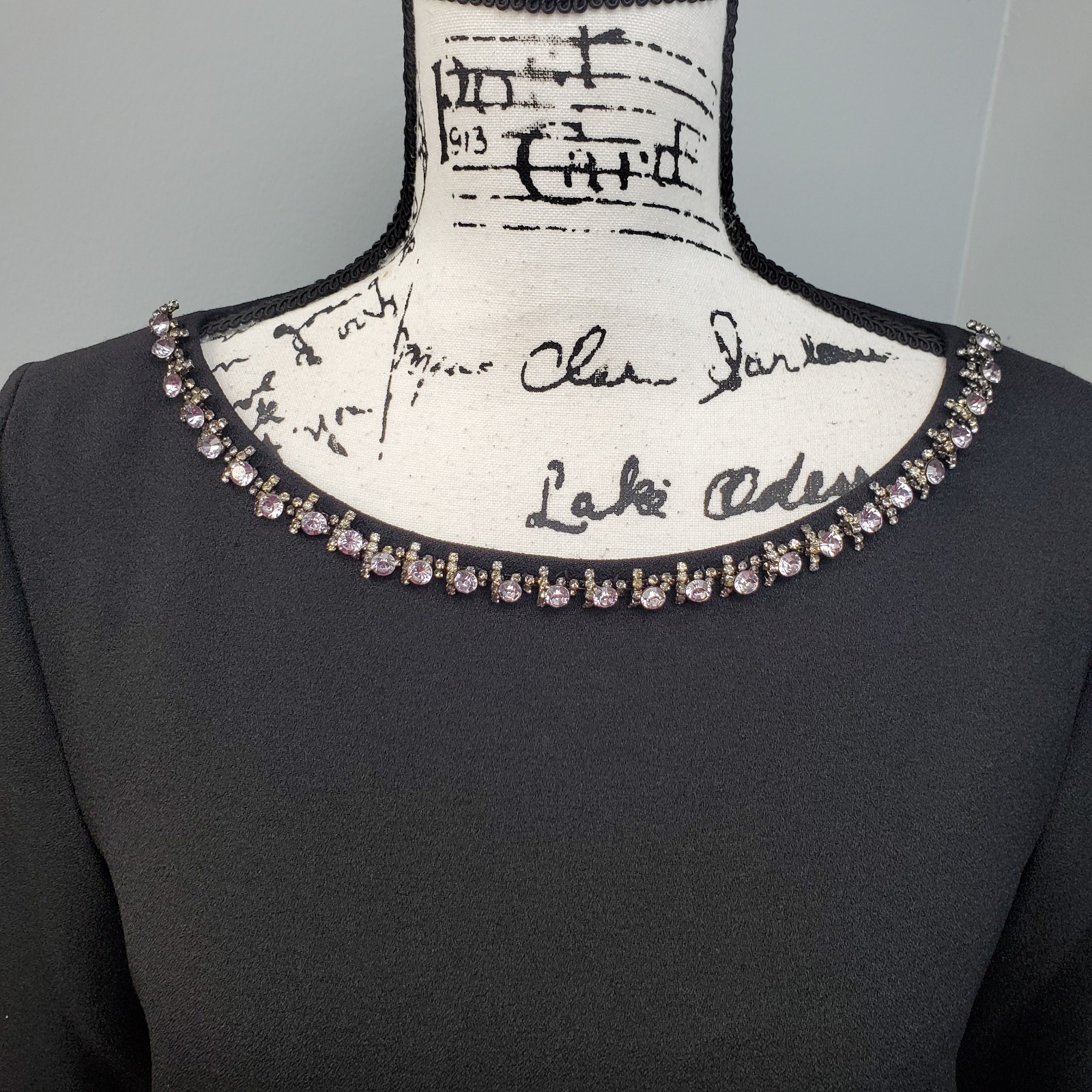 Karl Lagerfeld Paris Sheath Dress Women 8 Black Beaded Neck Bell-Sleeve Back Zip