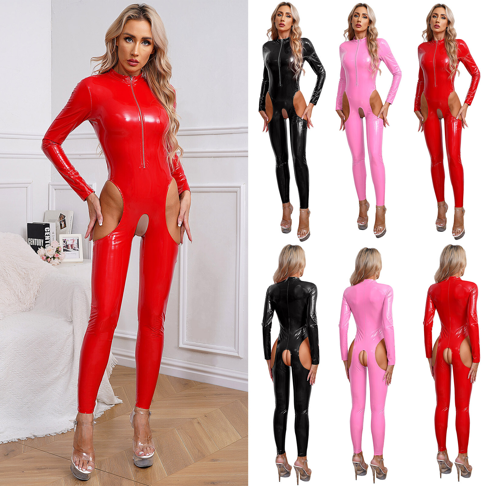 Women’s Rompers PVC Catsuit Zipper Bodysuit Crotchless Jumpsuit Workout Shiny
