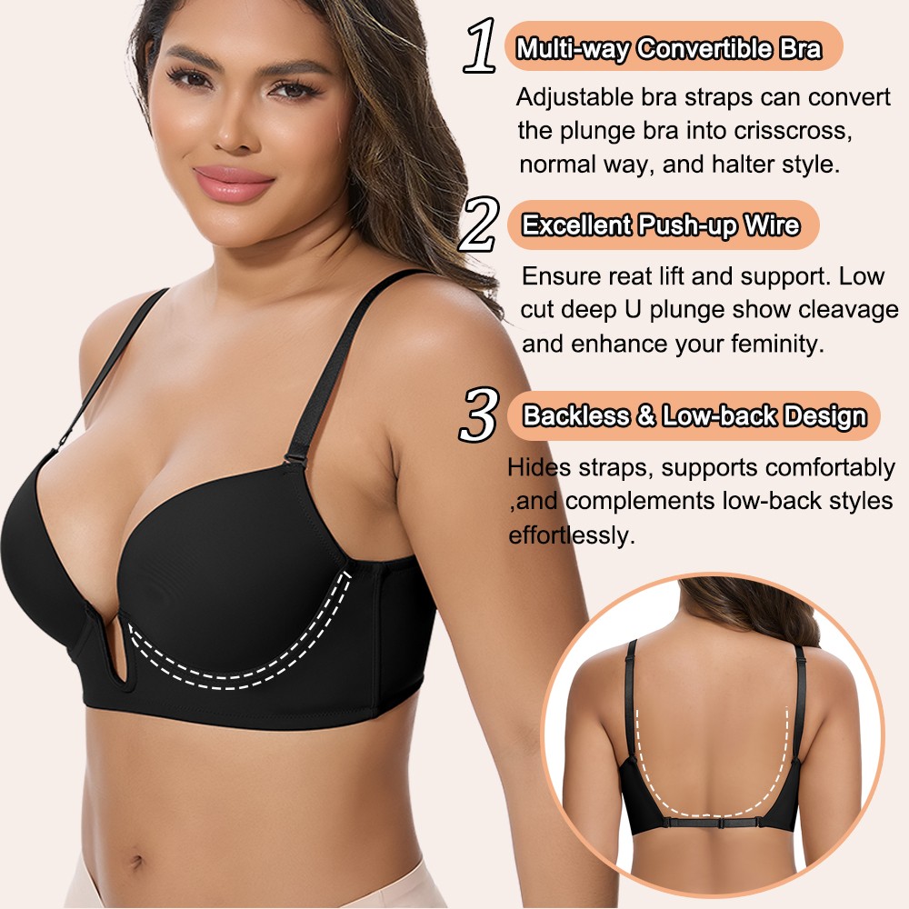 Deep U Plunge Push Up Bra Backless Women Invisible Under Low Cut Dress Underwire