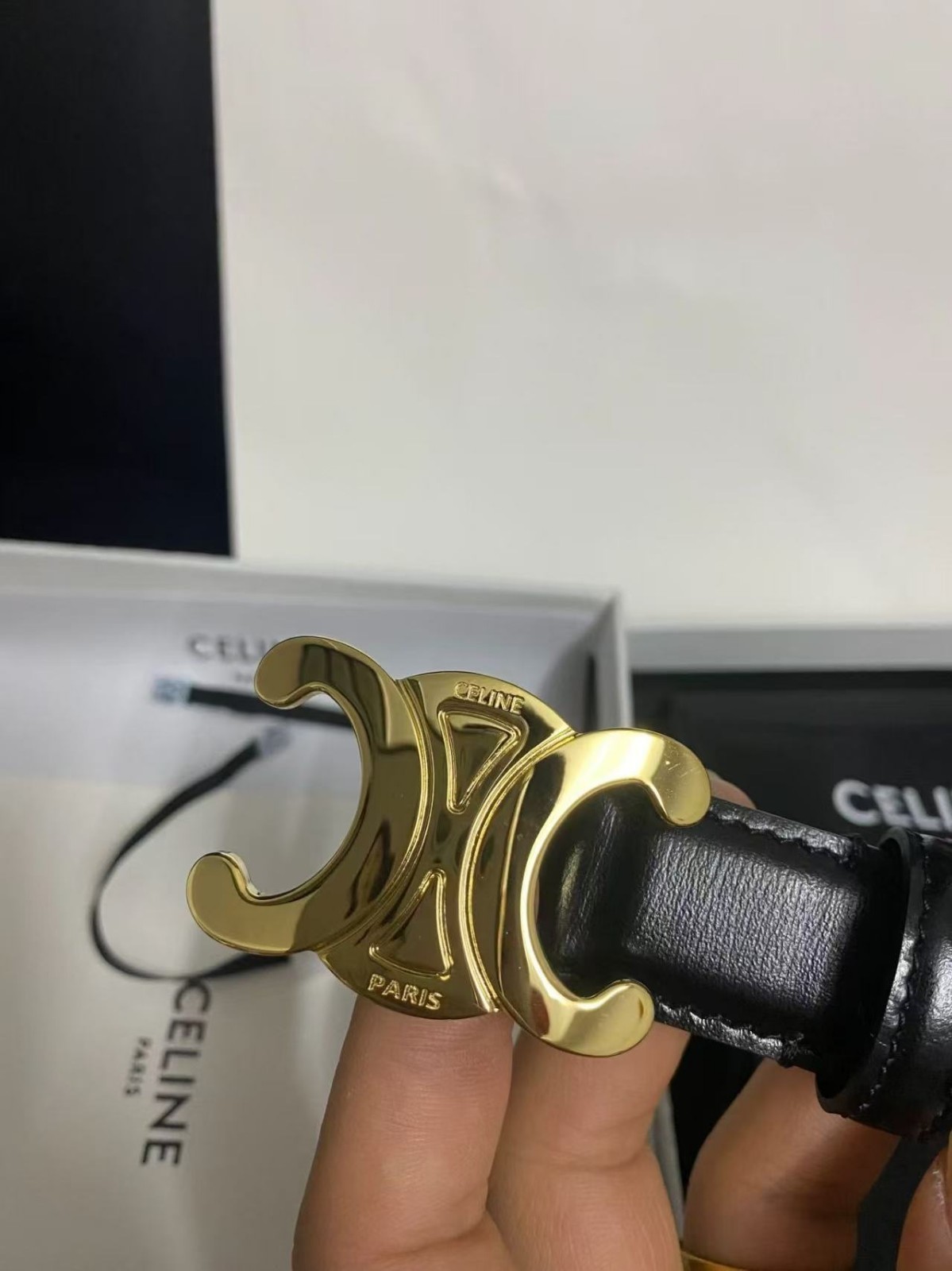 CELINE Women’s Black Fashion Belt Logo Buckle Gold-Plated Hardware Size 85