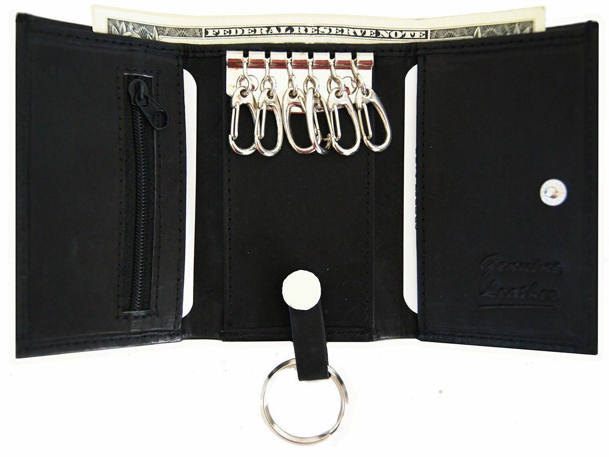 Genuine Leather Men’s Key Holder Accessory Easy 6 + Key Chain Wallet Case Black