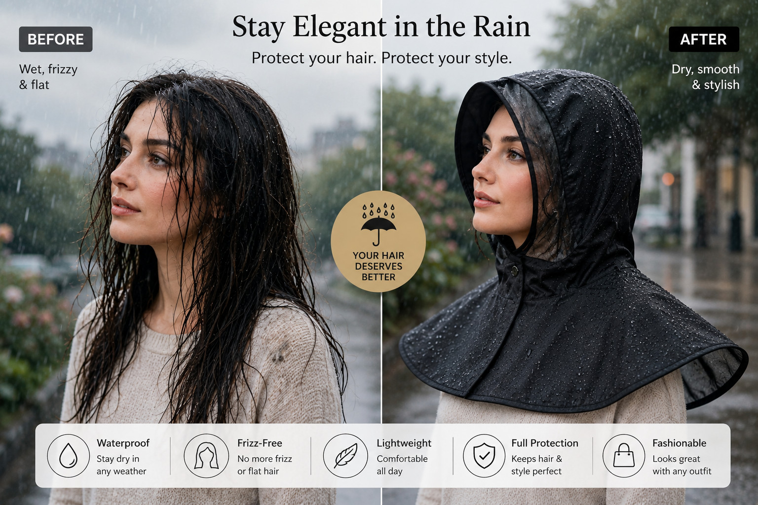 Rain Hood for Women – No More Wet Hair, Waterproof, Anti-Frizz, Stylish Protecti