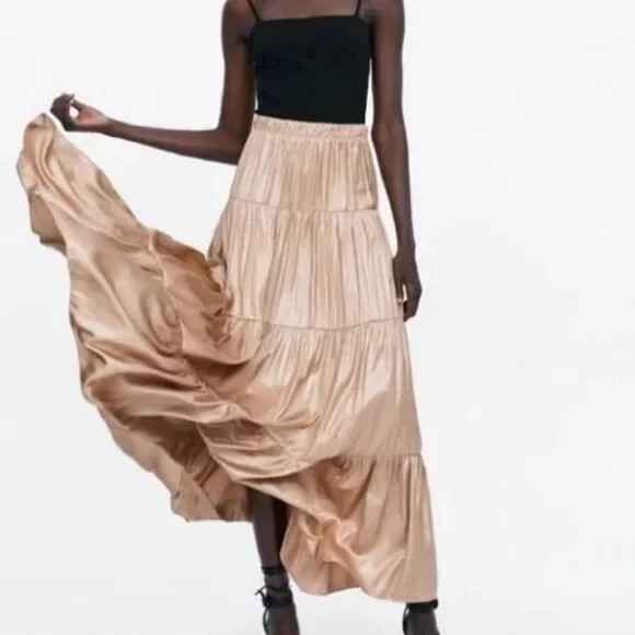 Zara Ruffled/Tiered Maxi Skirt Satin Gold Mink 2935/787 M Boho Flowy Frilly
