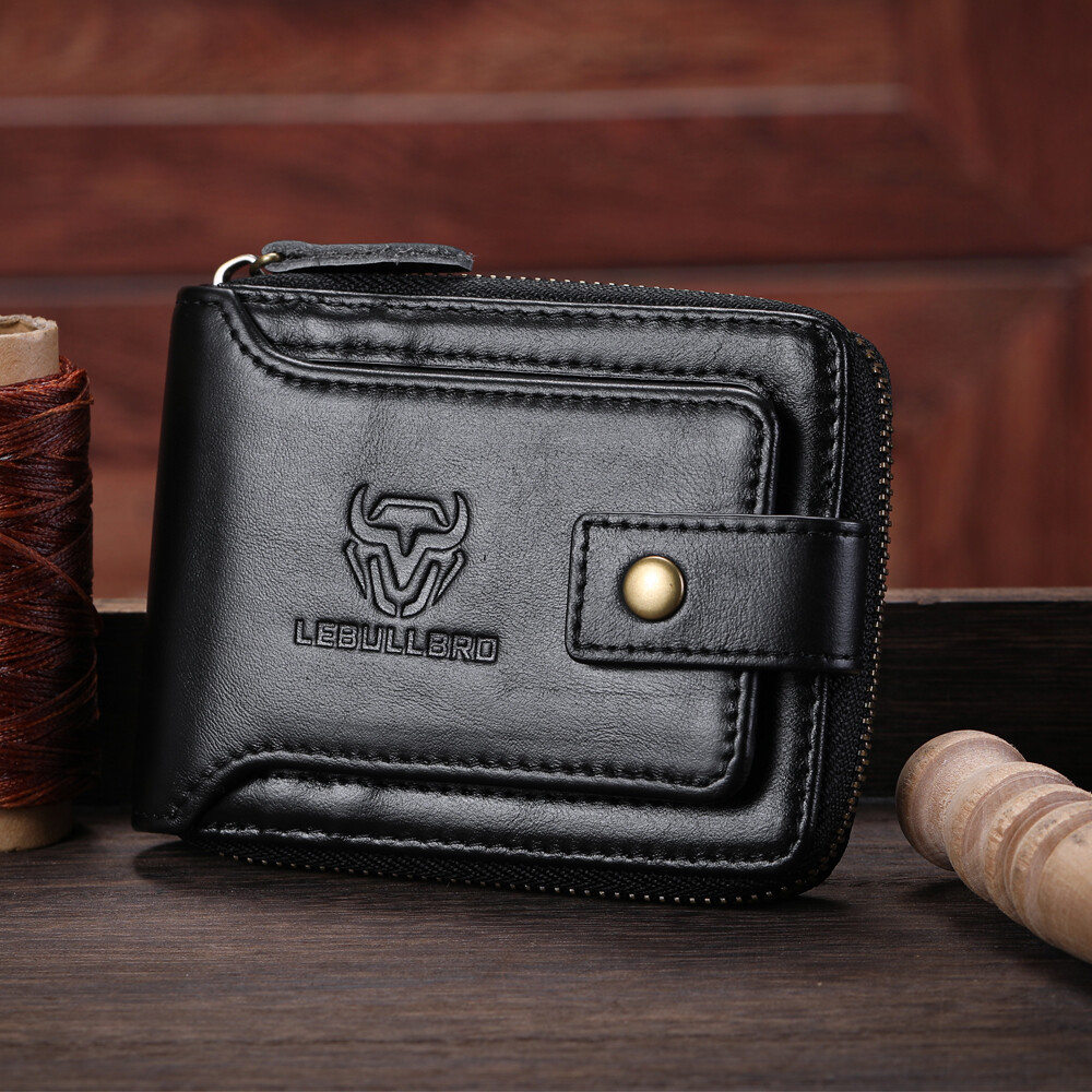 Genuine Leather Wallet Men Large Capacity ID Window Card Case Zip Coin Pocket