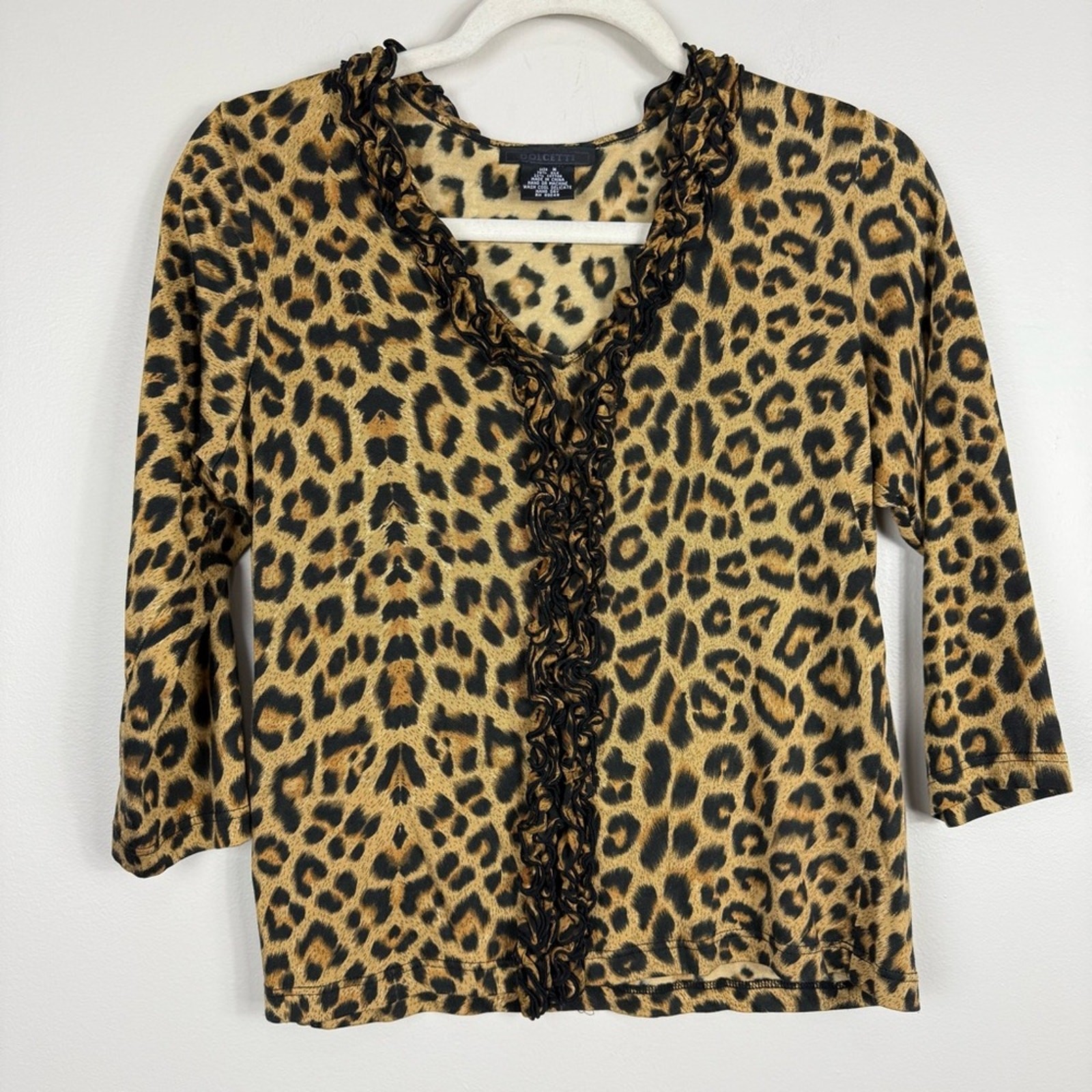 Dolcetti Leopard Print Ruffle V-Neck Women Medium Silk Top Brown Black Y2K