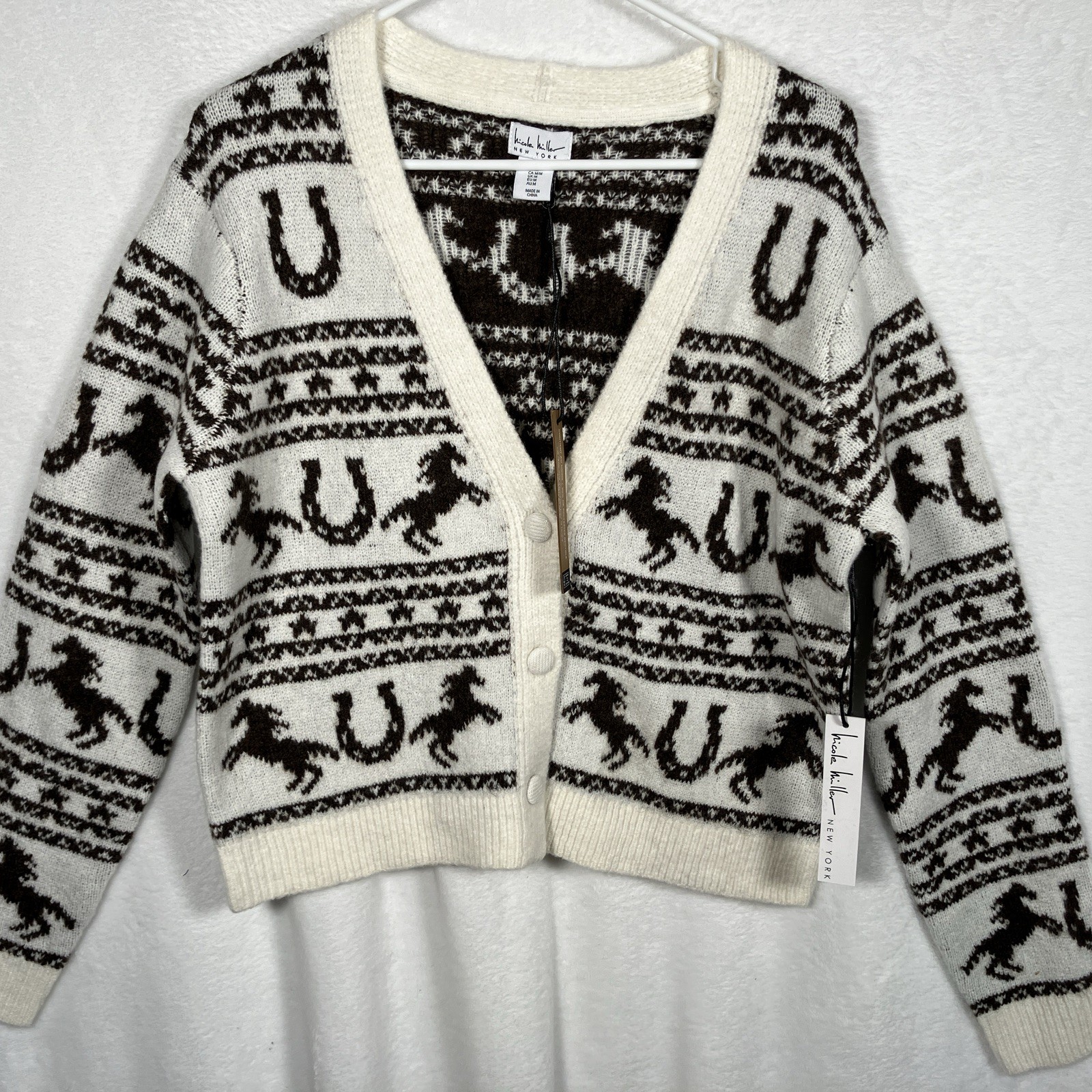 Nicole Miller Equestrian Horse Cardigan Womens Medium Southwestern Knit NWT